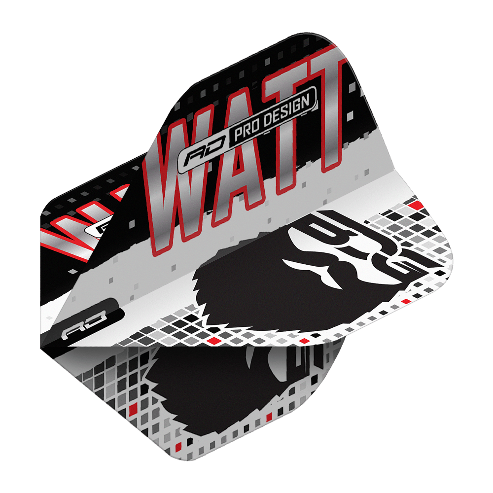 Das Bild zeigt die Red Dragon Hardcore Jason Watt BDG Premium No2 Standard Flights. Das Design ist in Schwarz, Weiß und Rot gehalten und trägt den Schriftzug "WATT" sowie eine stilisierte Grafik.