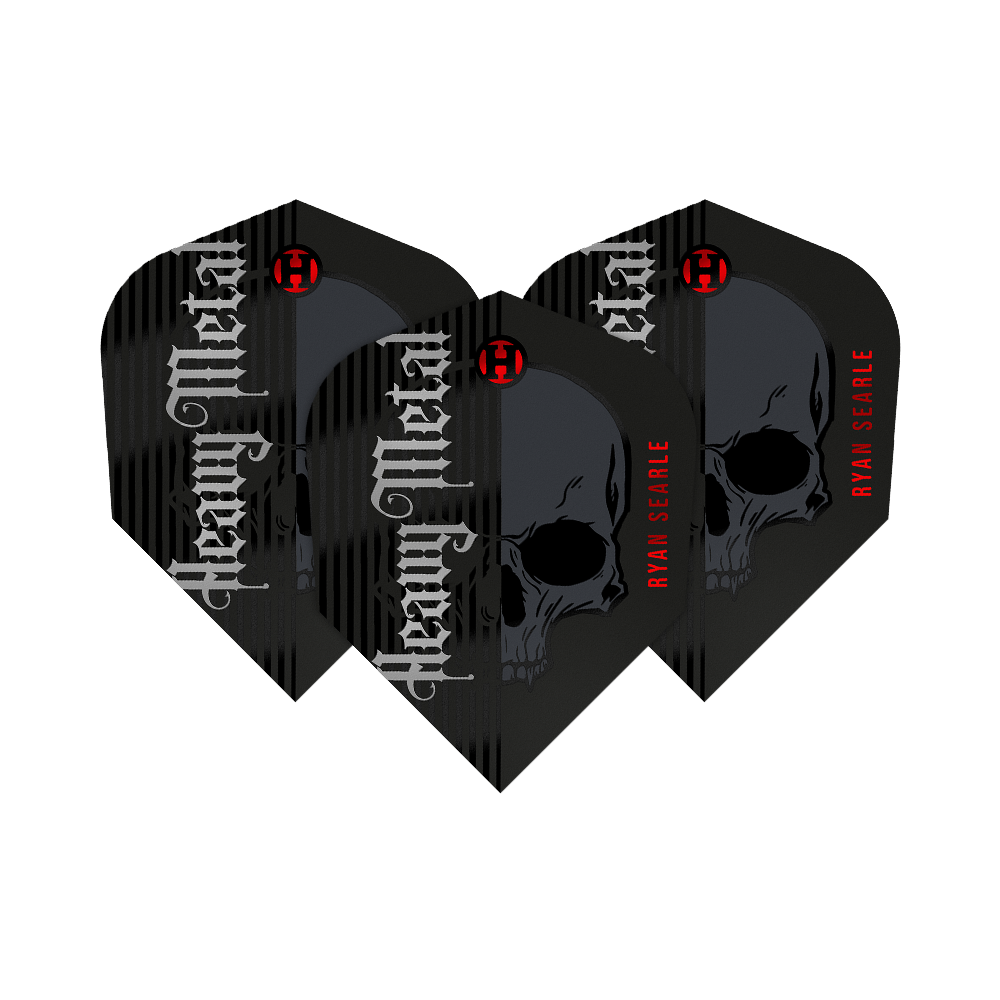 Harrow's Ryan Searle Heavy Metal Series 2 Flights Das Bild zeigt drei Dartflights der Serie "Harrows Ryan Searle Heavy Metal Series 2". Die Flights sind schwarz mit einem Totenkopf-Design und den Aufschriften „Heavy Metal“ und „Ryan Searle“.