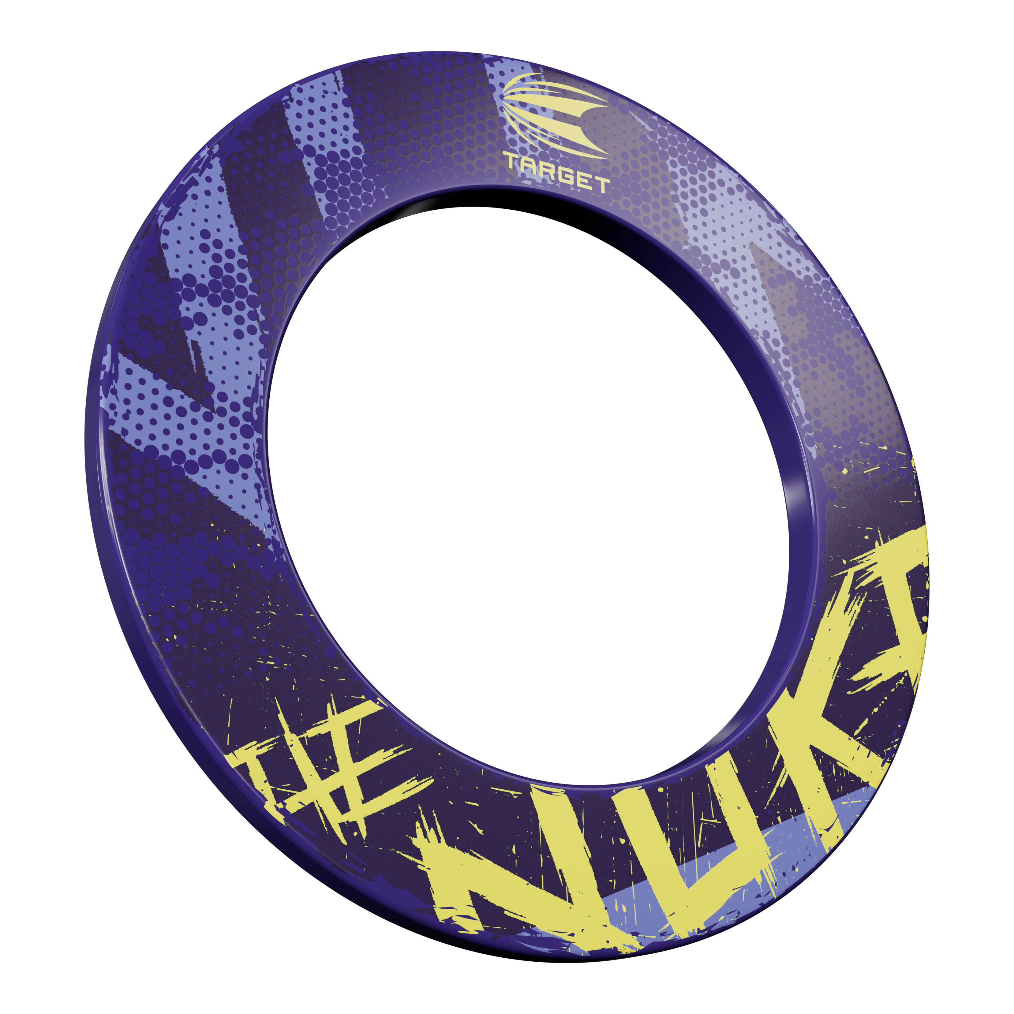 Target Luke Littler The Nuke Dartboard Surround Das Bild zeigt eine Dartboard-Umrandung mit dem Namen „Target Luke Littler The Nuke Dartboard Surround“. Die Umrandung ist hauptsächlich lila mit gelben Schriftzügen und Mustern gestaltet.