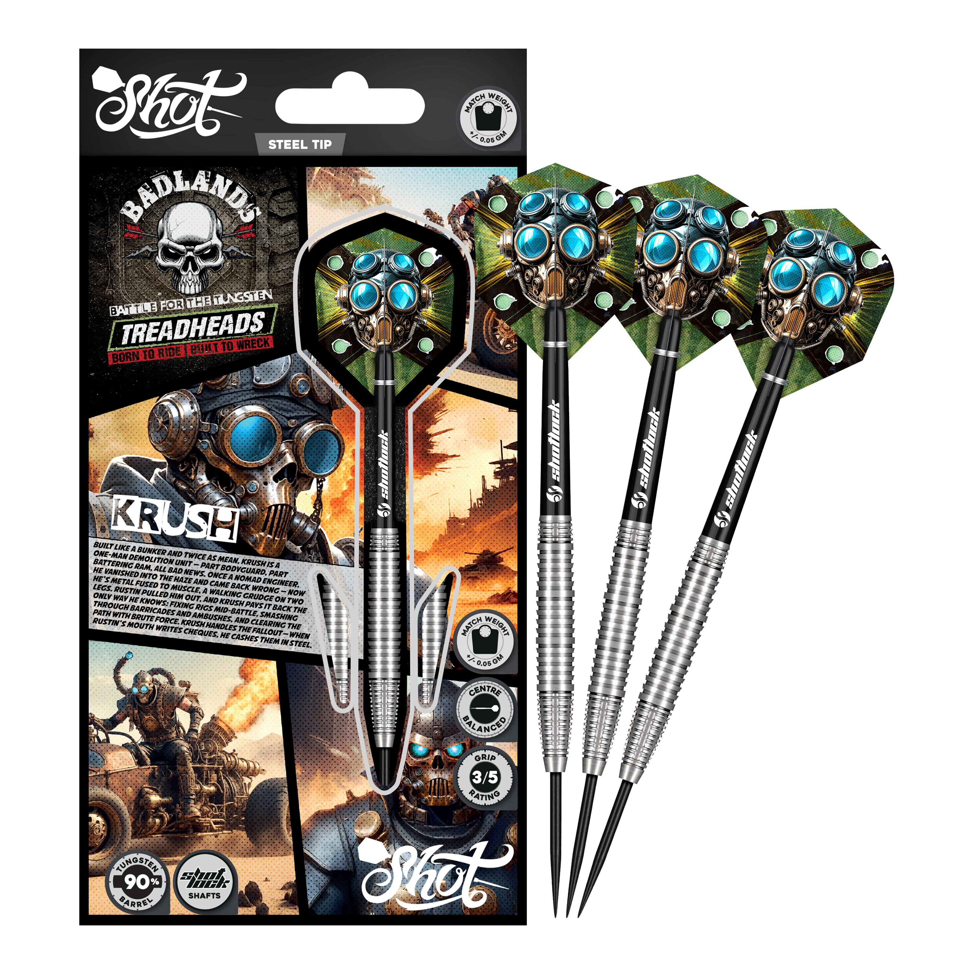 Dargestellt ist das komplette Shot Badlands Krush Steeldarts Set. Das Produkt ist ideal zum gezielten Werfen.