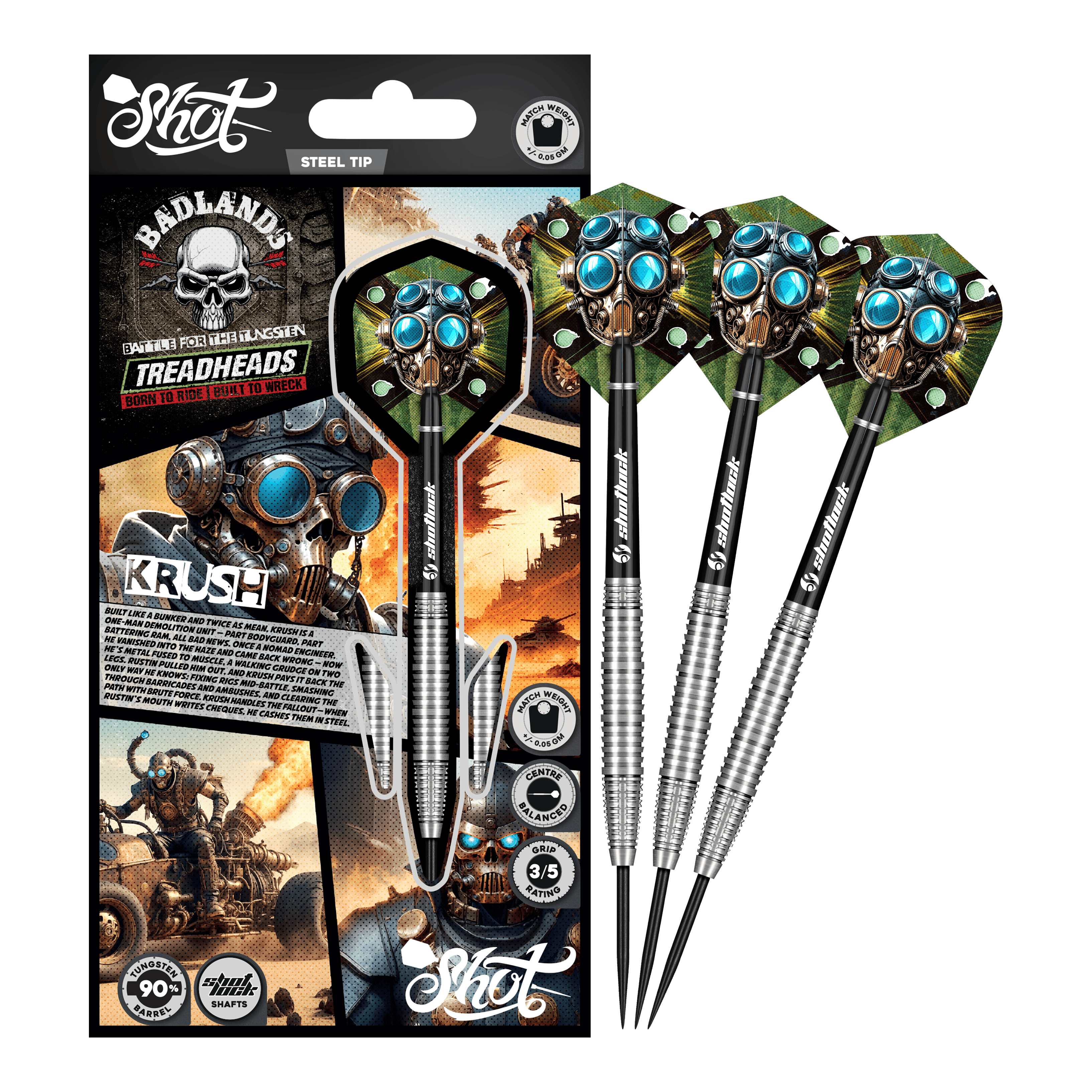 Shot Badlands Krush steel darts Dargestellt ist das komplette Shot Badlands Krush Steeldarts Set. Das Produkt ist ideal zum gezielten Werfen.