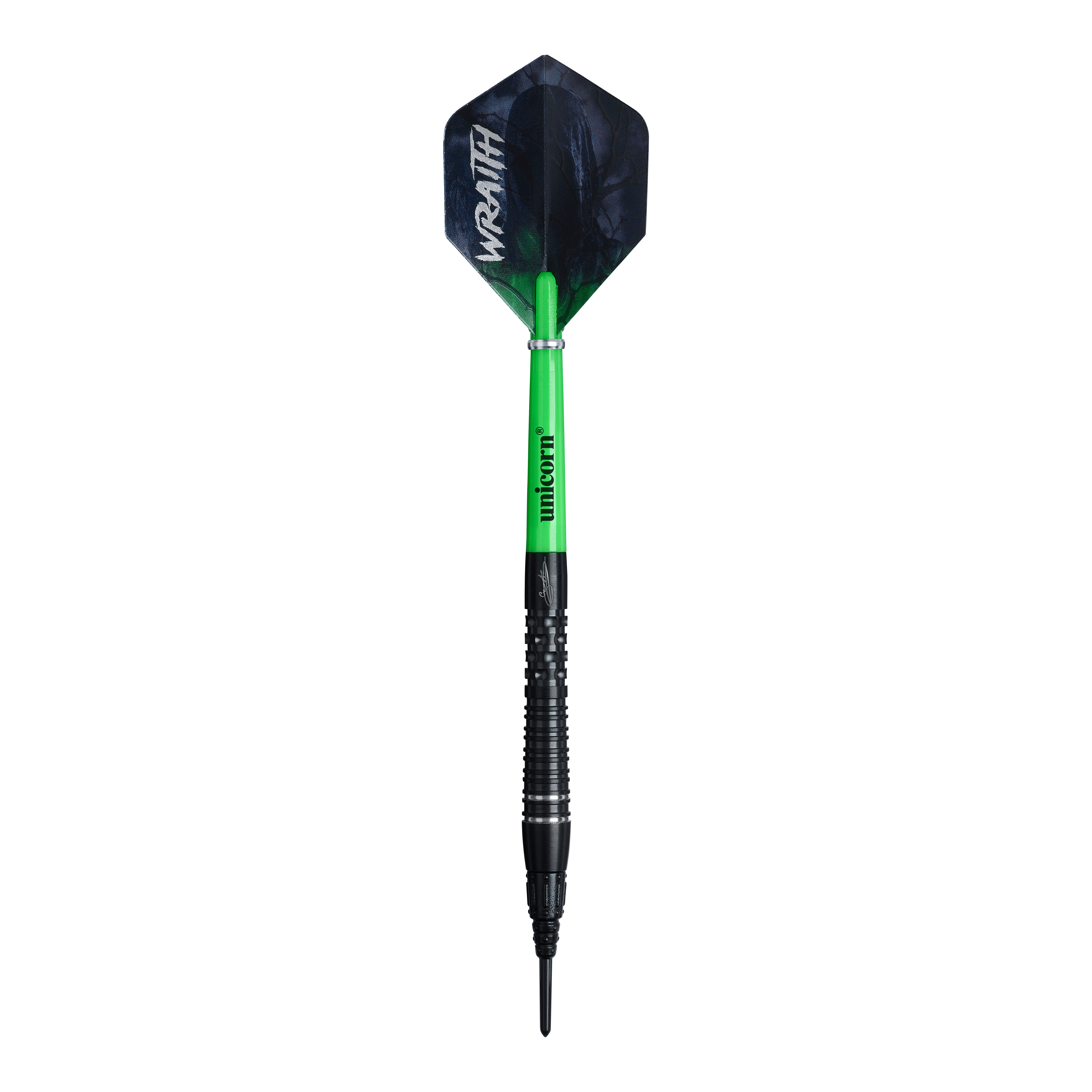 Unicorn Wraith Gary Anderson Phase 6 Softdarts mit einem Gewicht von 20g ist zu sehen. Der Softdart wird von der Seite gezeigt.
