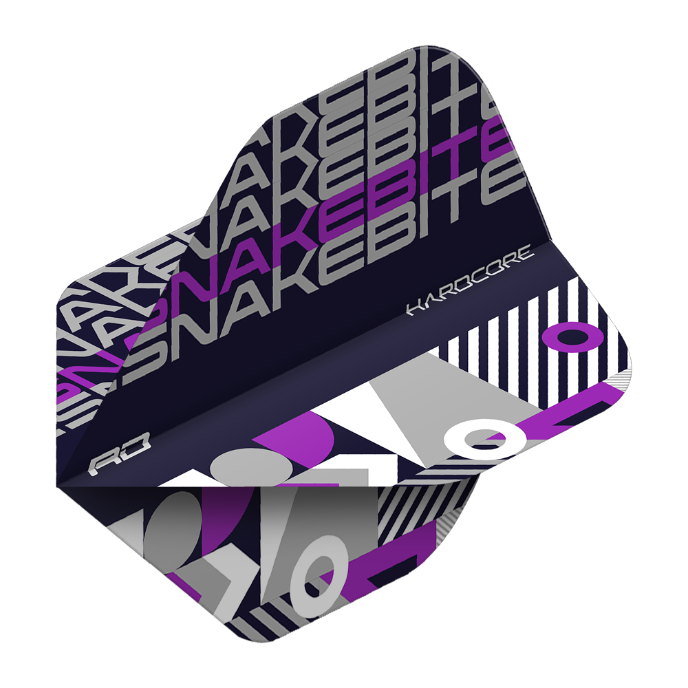 Das Bild zeigt ein Dart-Flight mit dem Namen "Red Dragon Hardcore Snakebite Black Purple Standard Flights". Das Design ist schwarz-lila mit geometrischen Mustern und dem Schriftzug "SNAKEBITE".