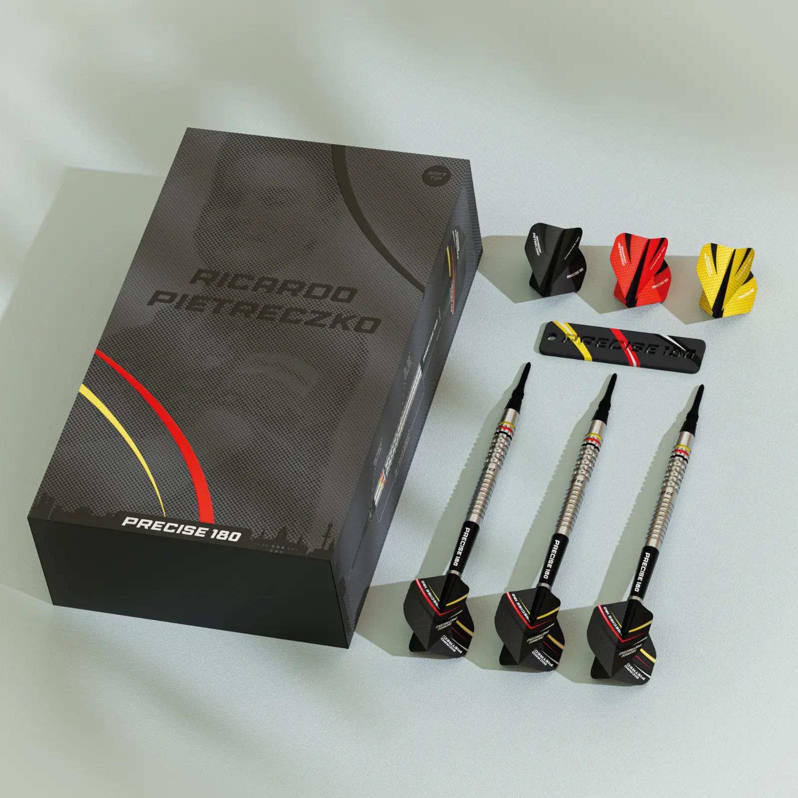 Precise 180 Ricardo Pietreczko GEN1 soft darts Zu sehen ist das Produkt Precise 180 Ricardo Pietreczko GEN1 Softdarts. Diese Darts wurden für professionelle Dartspieler entworfen.