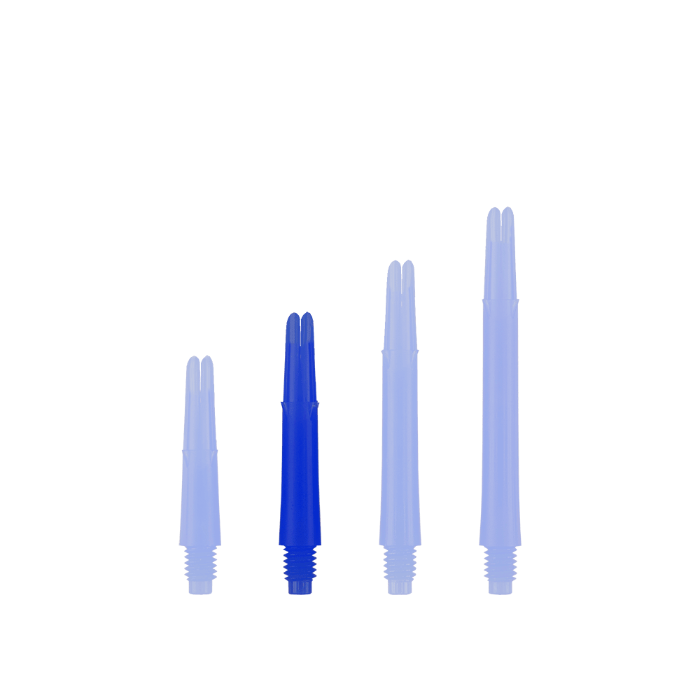L-L-Style-Shafts Locked Straight - Blue Auf dem Bild sind vier blaue Dartschäfte in unterschiedlichen Längen zu sehen. Sie stehen nebeneinander aufrecht vor weißem Hintergrund.