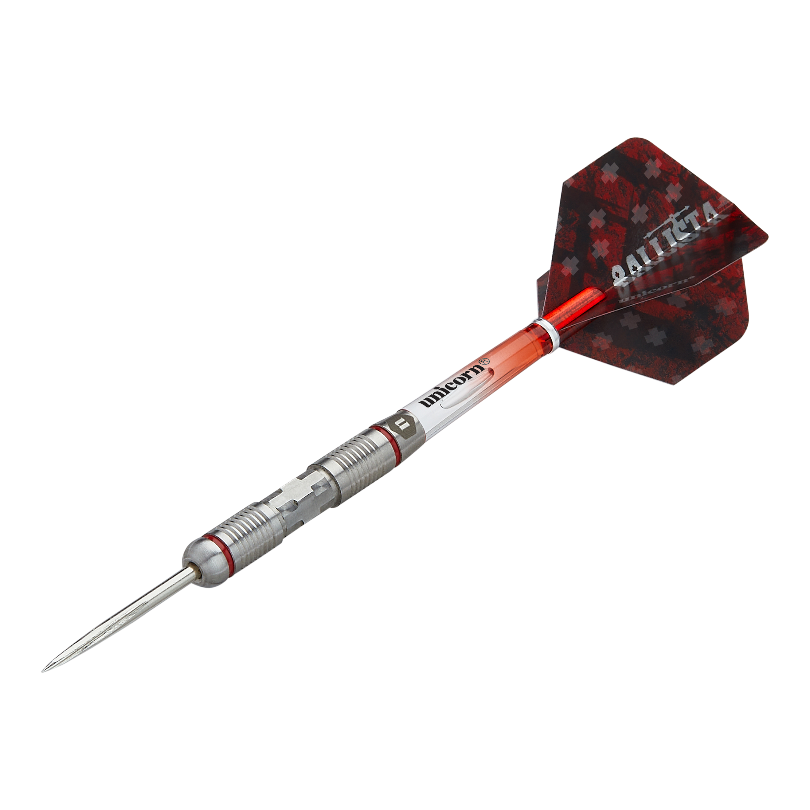 Unicorn Ballista Style 2 steel darts Das Bild zeigt den Steeldart "Unicorn Ballista Style 2". Der Dart hat einen silbernen Metallkörper mit roten Akzenten und schwarze Flights mit rotem Muster.