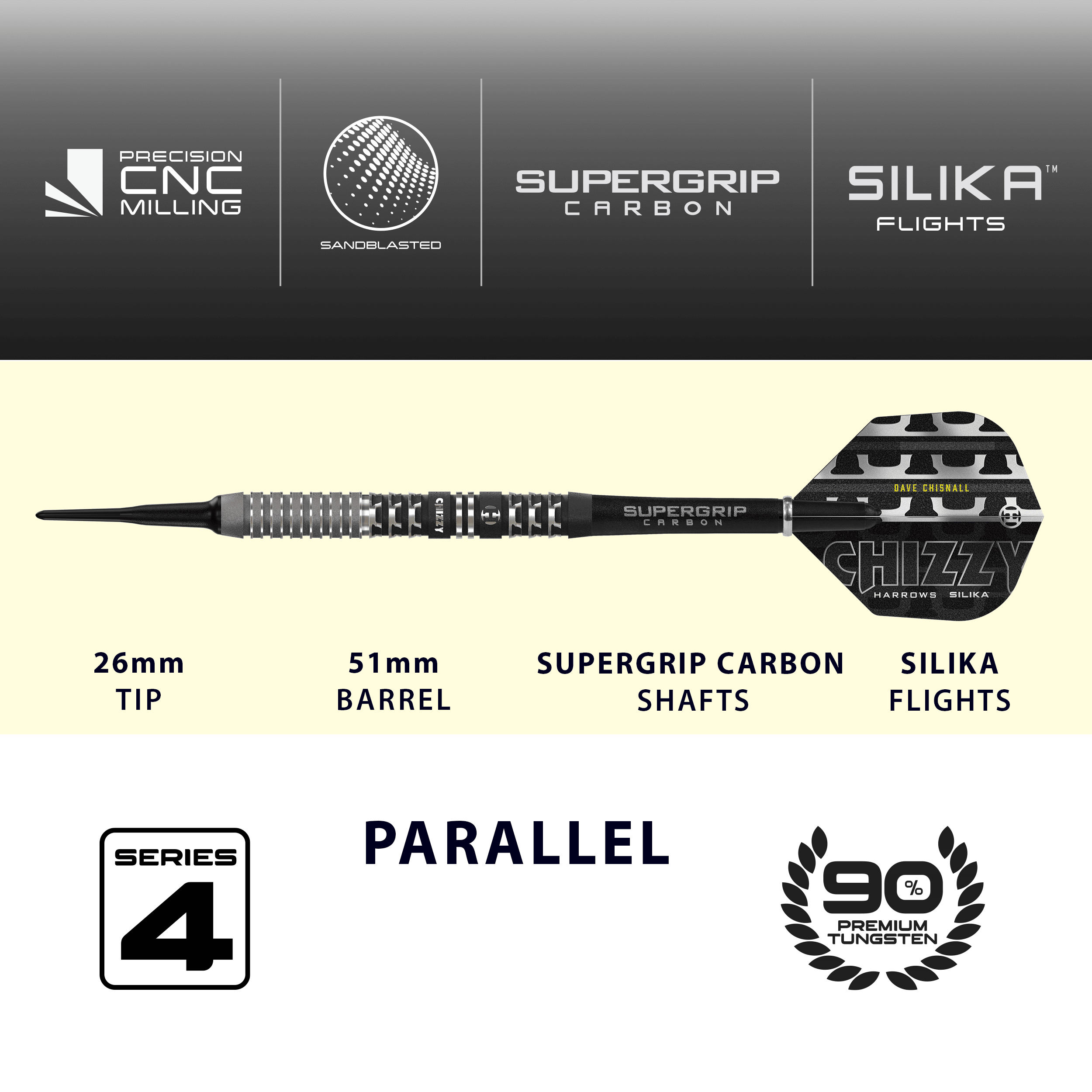 Harrow's Dave Chisnall Chizzy Series 4 soft darts Das Produkt ist die Harrows Dave Chisnall Chizzy Series 4 Softdarts. Es richtet sich an Spieler, die Softdarts bevorzugen.