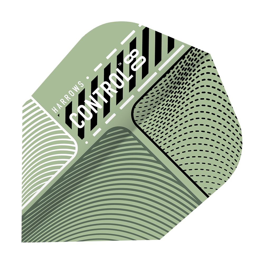 Harrows Prime Control No6 Flights Das Bild zeigt das Produkt "Harrows Prime Control No6 Flights". Es ist ein Dart-Flight mit einem modernen, grafischen Design in Grüntönen und weißen Linien.