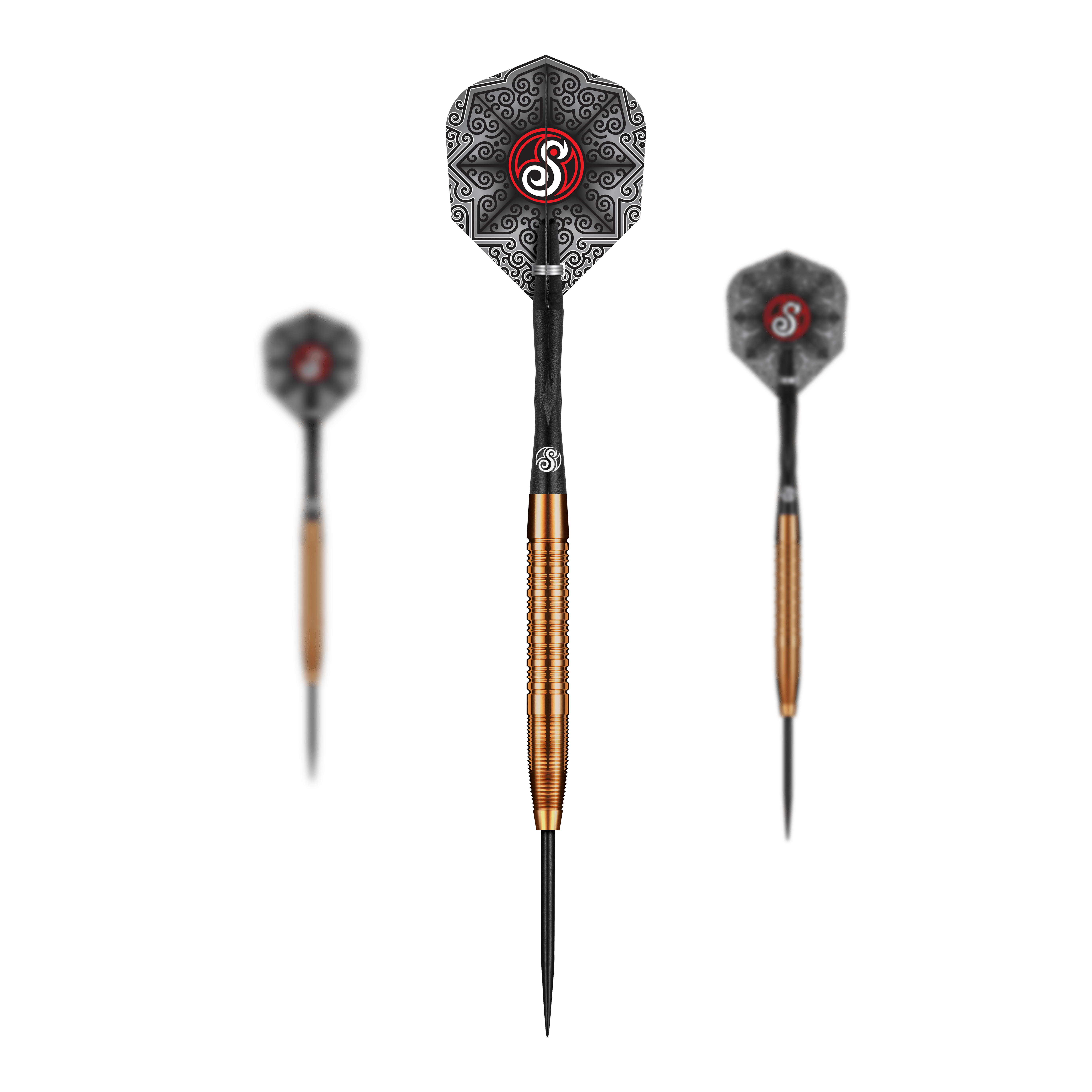 Das Bild zeigt die Shot Pro Series Jake Womack Steeldarts - 23g. Die Darts haben einen goldfarbenen Schaft und ein schwarzes Flight mit auffälligem Muster und rotem Logo.