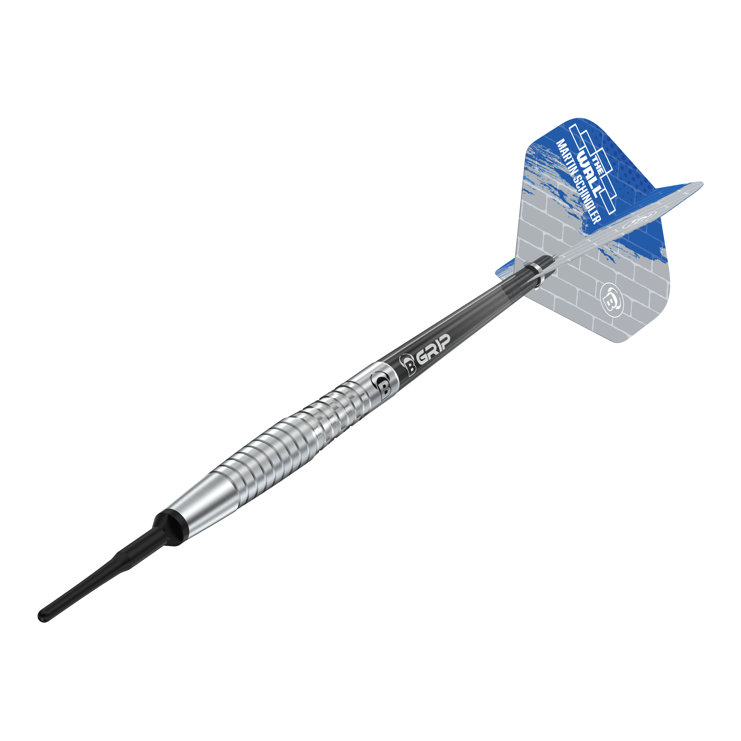 Bulls Martin Schindler Original Generation 2 soft darts Das Bild zeigt den Softdart "Bulls Martin Schindler Original Generation 2". Der Dartpfeil hat einen silbernen, geriffelten Barrel und blaue Flights mit weißem Muster.