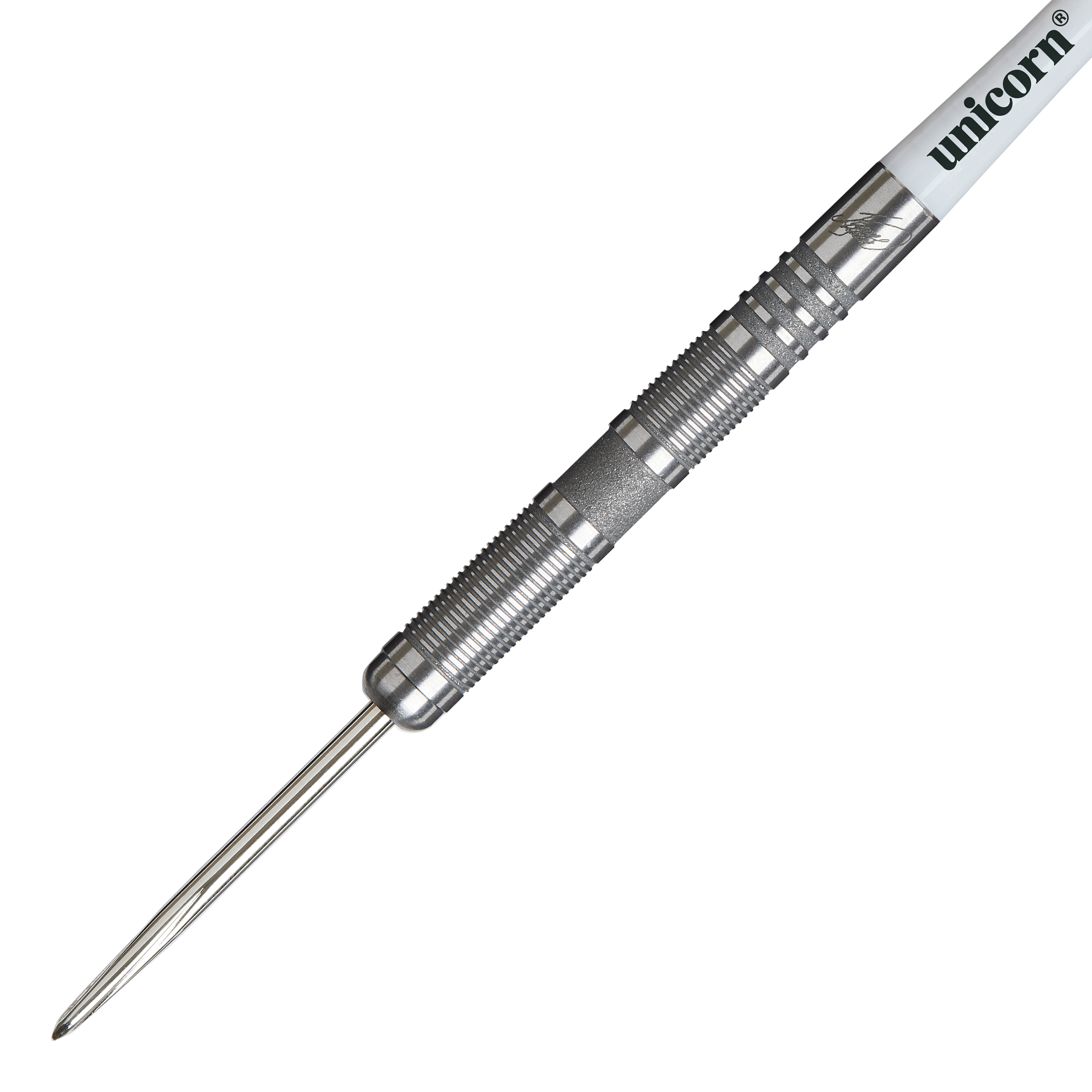 Das Bild zeigt einen Unicorn James Wade The Machine Range Phase 4 Steeldart. Der Dartpfeil ist silberfarben und hat eine geriffelte Griffzone für besseren Halt.
