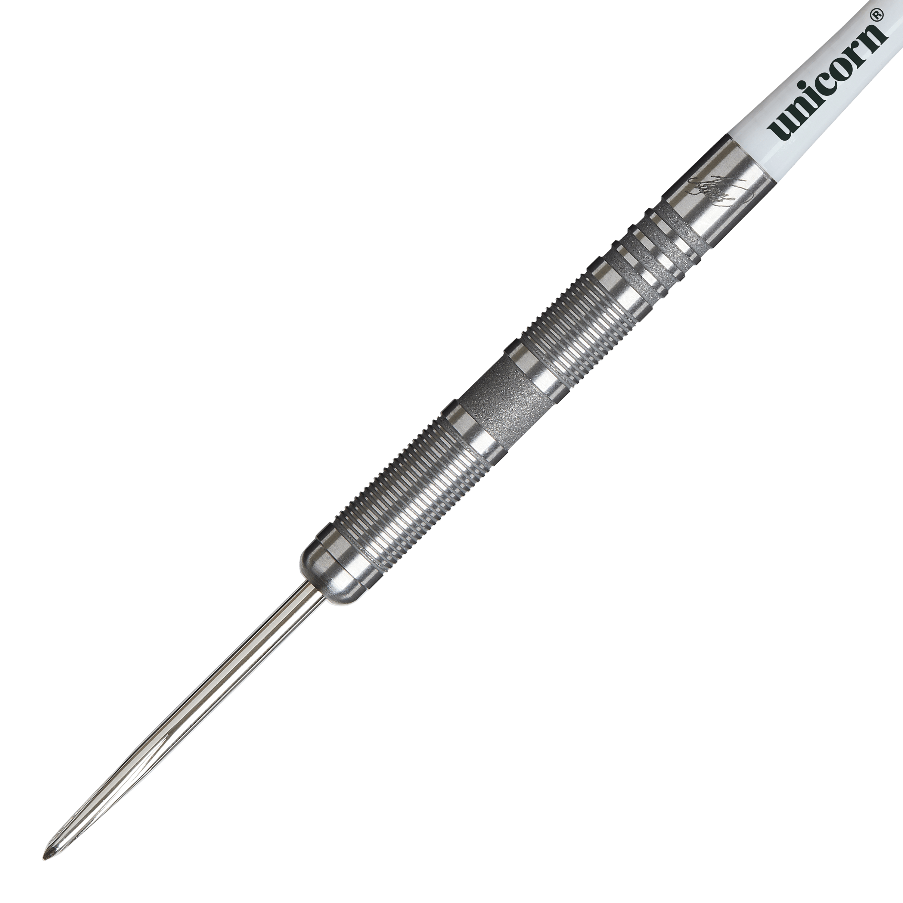Unicorn James Wade The Machine Range Phase 4 Steeldarts Das Bild zeigt einen Unicorn James Wade The Machine Range Phase 4 Steeldart. Der Dartpfeil ist silberfarben und hat eine geriffelte Griffzone für besseren Halt.