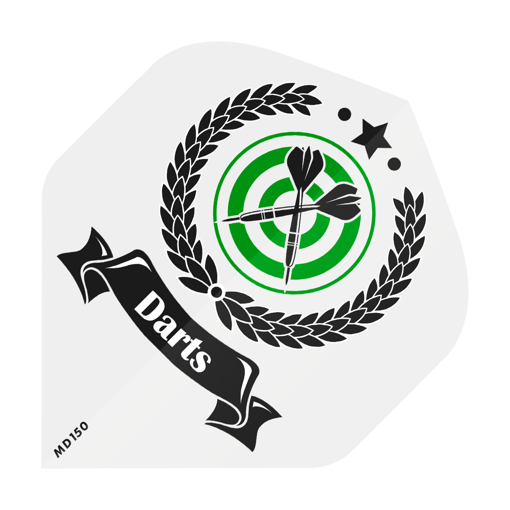 Das Bild zeigt ein grünes Dartscheiben-Ziel mit zwei schwarzen Pfeilen in der Mitte, umgeben von einem Lorbeerkranz. Ein schwarzes Band mit dem weißen Schriftzug "Darts" verläuft quer durch das Bild.