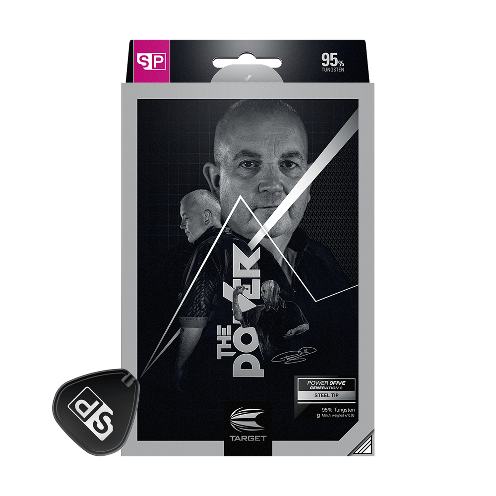 190105_Target_Phil_Taylor_Power_9Five_GEN8_Swiss_Point_Steeldarts_3 Die Verpackung zeigt die Target Phil Taylor Power 9Five GEN8 Swiss Point Steeldarts. Auf der Vorderseite ist ein Bild von Phil Taylor sowie Produktinformationen abgebildet.