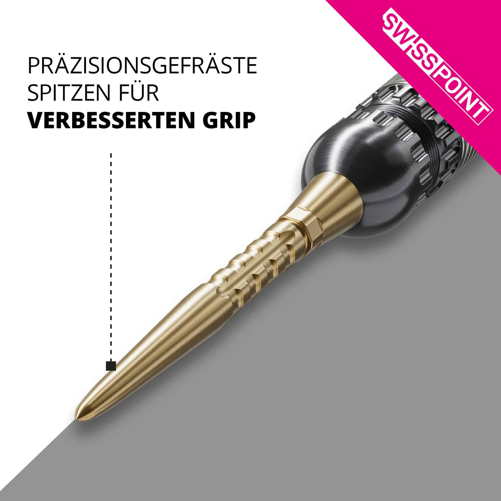 Target Swiss Point Storm Surge steel dart tips - gold Das Bild zeigt eine goldene Steeldartspitze mit präzisionsgefräster Oberfläche. Im Text wird ein verbesserter Grip durch diese spezielle Spitze hervorgehoben.
