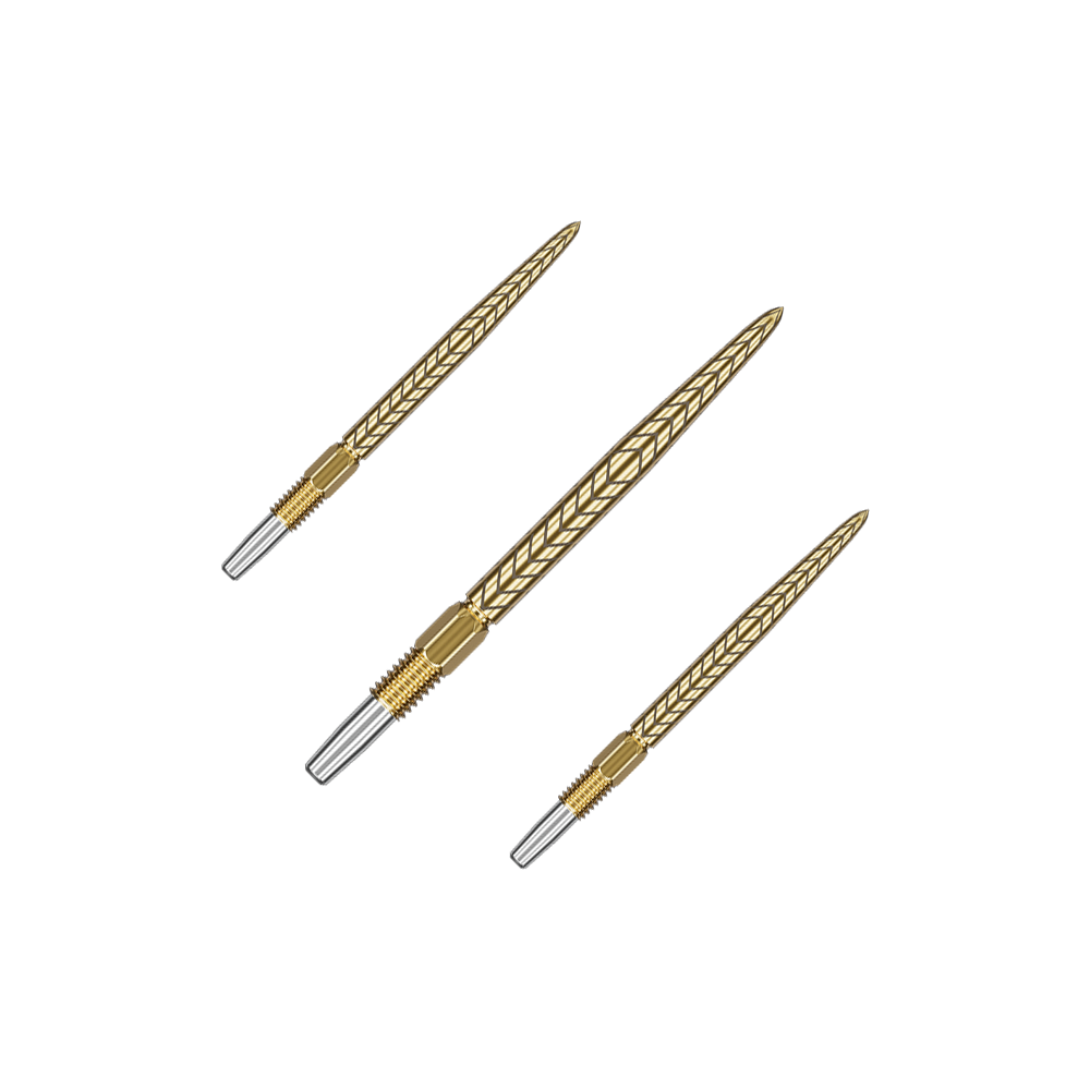 Target Swiss Point RVE dart tips - Gold Auf dem Bild sind drei goldene Dartspitzen mit silbernen Enden zu sehen. Sie sind fein gearbeitet und haben ein geprägtes Muster auf der Oberfläche.