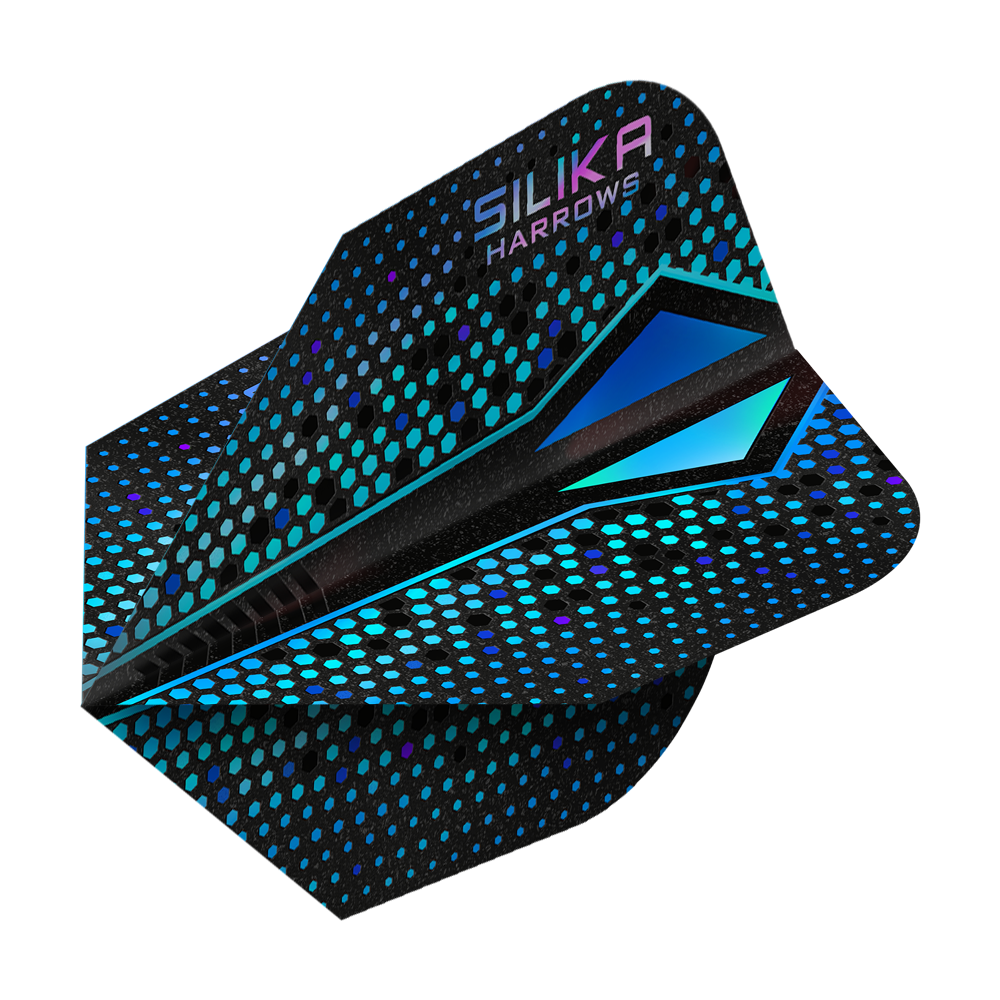 Das Bild zeigt einen Harrows Silika Colourshift Tough Crystalline Coating Blue-X No6 Flight. Das Dart-Flight hat ein schwarzes Design mit blauen und türkisfarbenen Punkten und geometrischen Mustern.