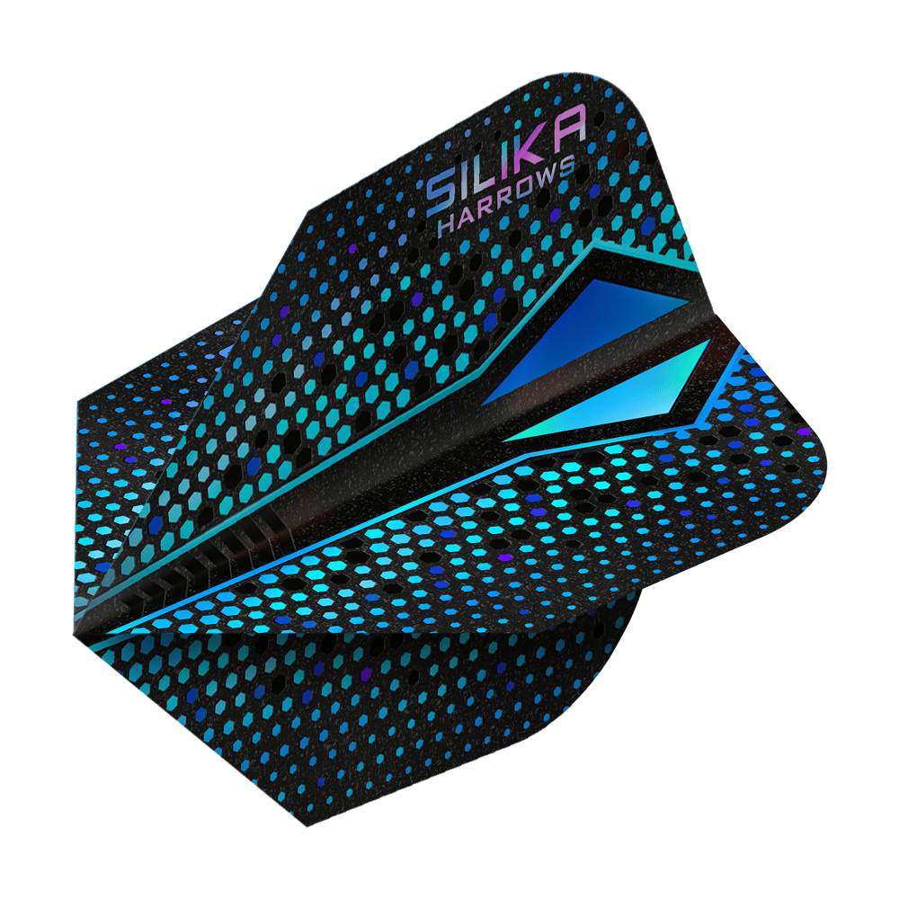 Harrows Silika Colorshift Tough Crystalline Coating Blue-X No6 Flights Das Bild zeigt einen Harrows Silika Colourshift Tough Crystalline Coating Blue-X No6 Flight. Das Dart-Flight hat ein schwarzes Design mit blauen und türkisfarbenen Punkten und geometrischen Mustern.