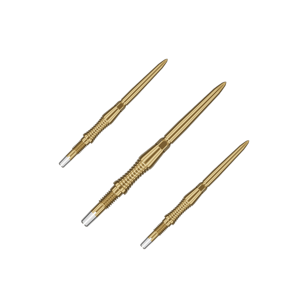 Das Bild zeigt ein Set von goldenen Target Swiss Point Dartspitzen Signature RST mit 30mm Länge. Die Spitzen sind ordentlich nebeneinander angeordnet.