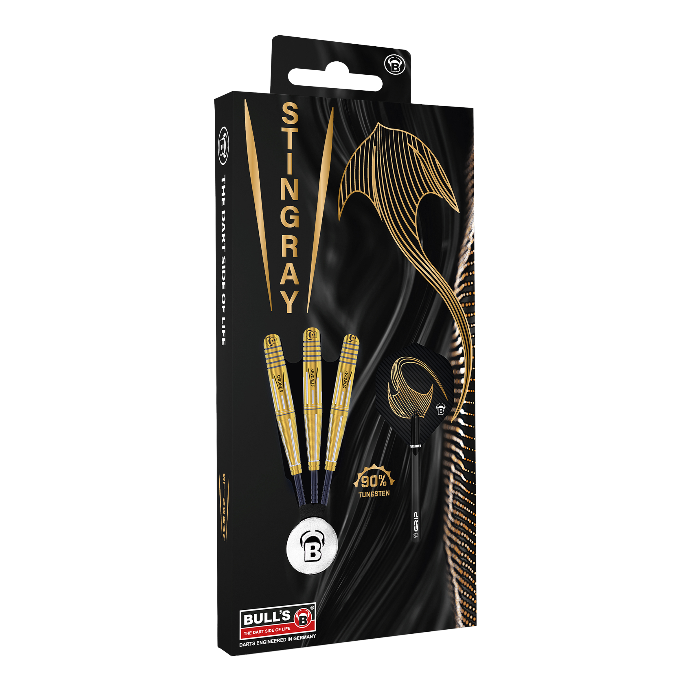 Bulls Stingray ST4 Steeldarts Die Abbildung zeigt die Verpackung der "Bulls Stingray ST4 Steeldarts". Auf der schwarzen Verpackung sind drei goldfarbene Darts sowie ein stilisierter Stachelrochen und Schriftzüge in Gold zu sehen.