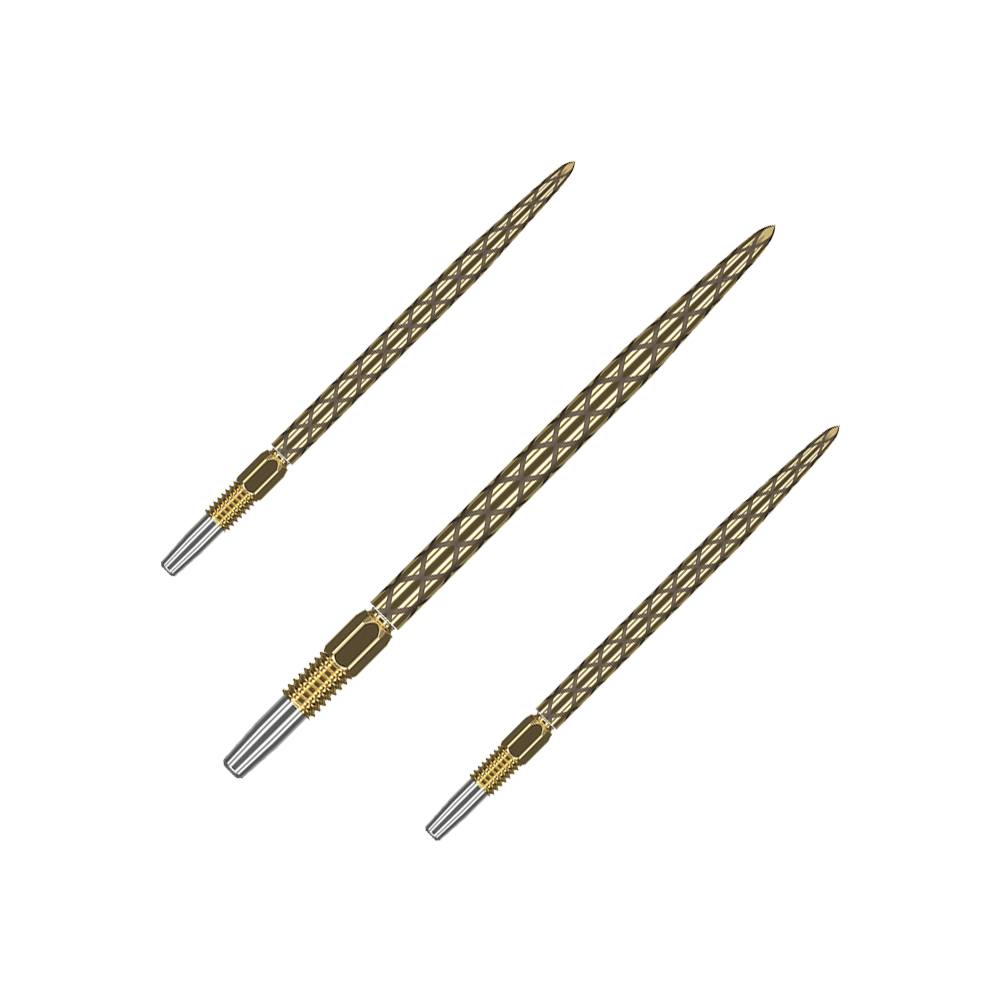 Target Swiss Diamond Pro Gold dart tips Das Bild zeigt drei goldfarbene Dartspitzen mit einem rautenförmigen Muster. Sie sind nebeneinander auf einem weißen Hintergrund angeordnet.