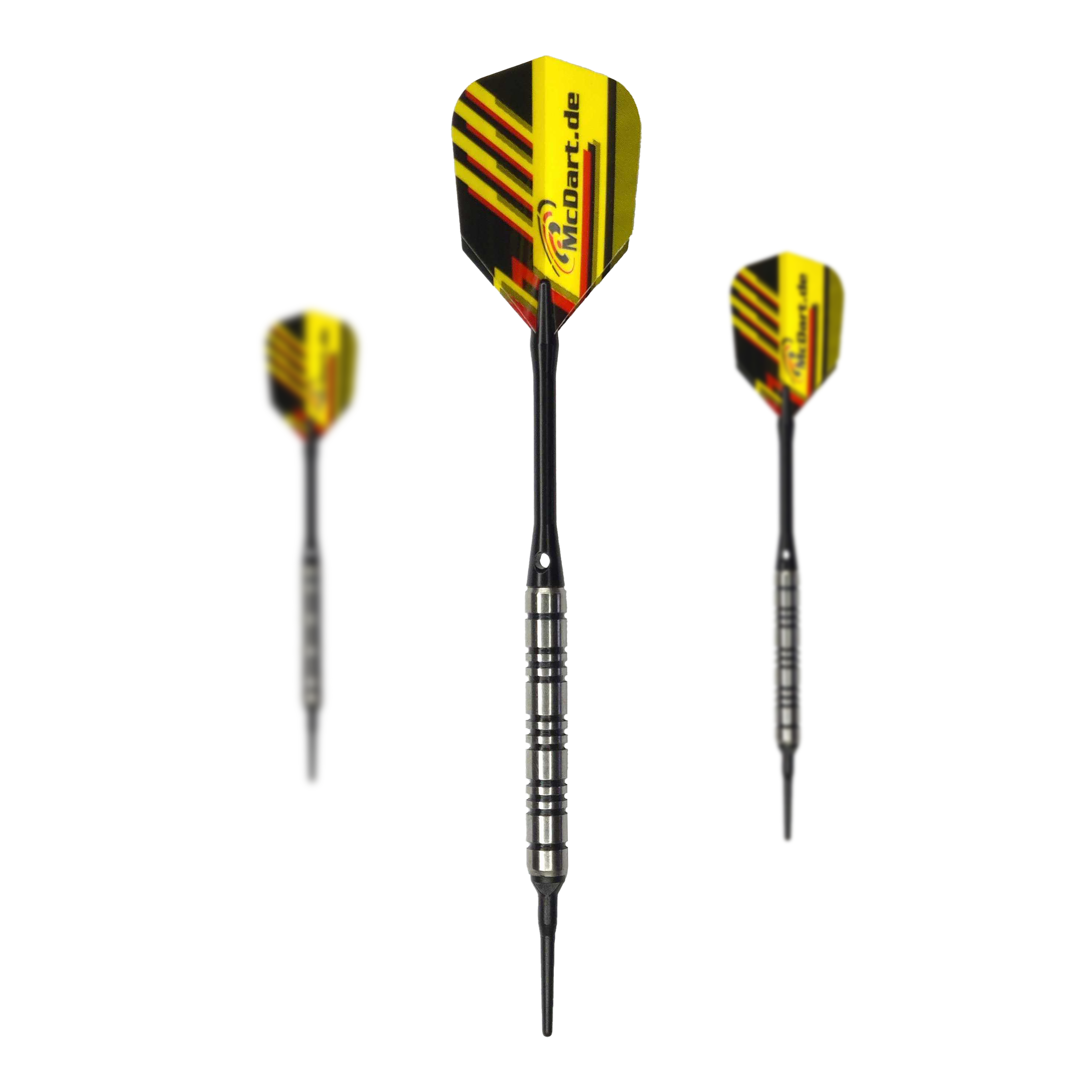 McDart 85 Tungsten V2 soft darts - 17g Das Bild zeigt drei Softdarts des Modells "McDart 85er Tungsten V2" mit 17g Gewicht. Die Darts haben gelb-schwarze Flights mit roten Akzenten und einen silbernen Griffbereich.