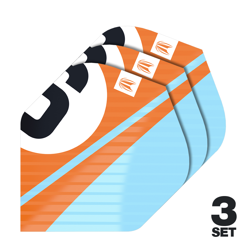 Target Pro Ultra Chicane Orange No2 Standard Flights - 3 sets Das Bild zeigt drei Sätze der Target Pro Ultra Chicane Orange No2 Standard Flights. Die Flights sind orange und hellblau mit einem auffälligen schwarzen und weißen Design.