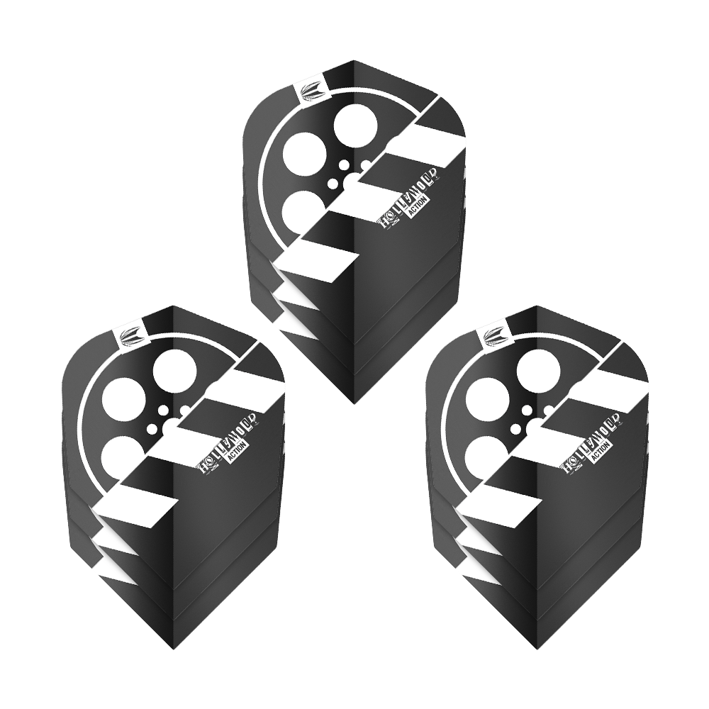 Target Pro Ultra Chris Dobey Hollywood Action No6 Flights - 3 Sets Das Bild zeigt drei Sets von schwarzen Dartflights mit einem Filmrollen-Design. Auf den Flights steht „HOLLYWOOD ACTION“ und sie gehören zum Produkt „Target Pro Ultra Chris Dobey Hollywood Action No6“.