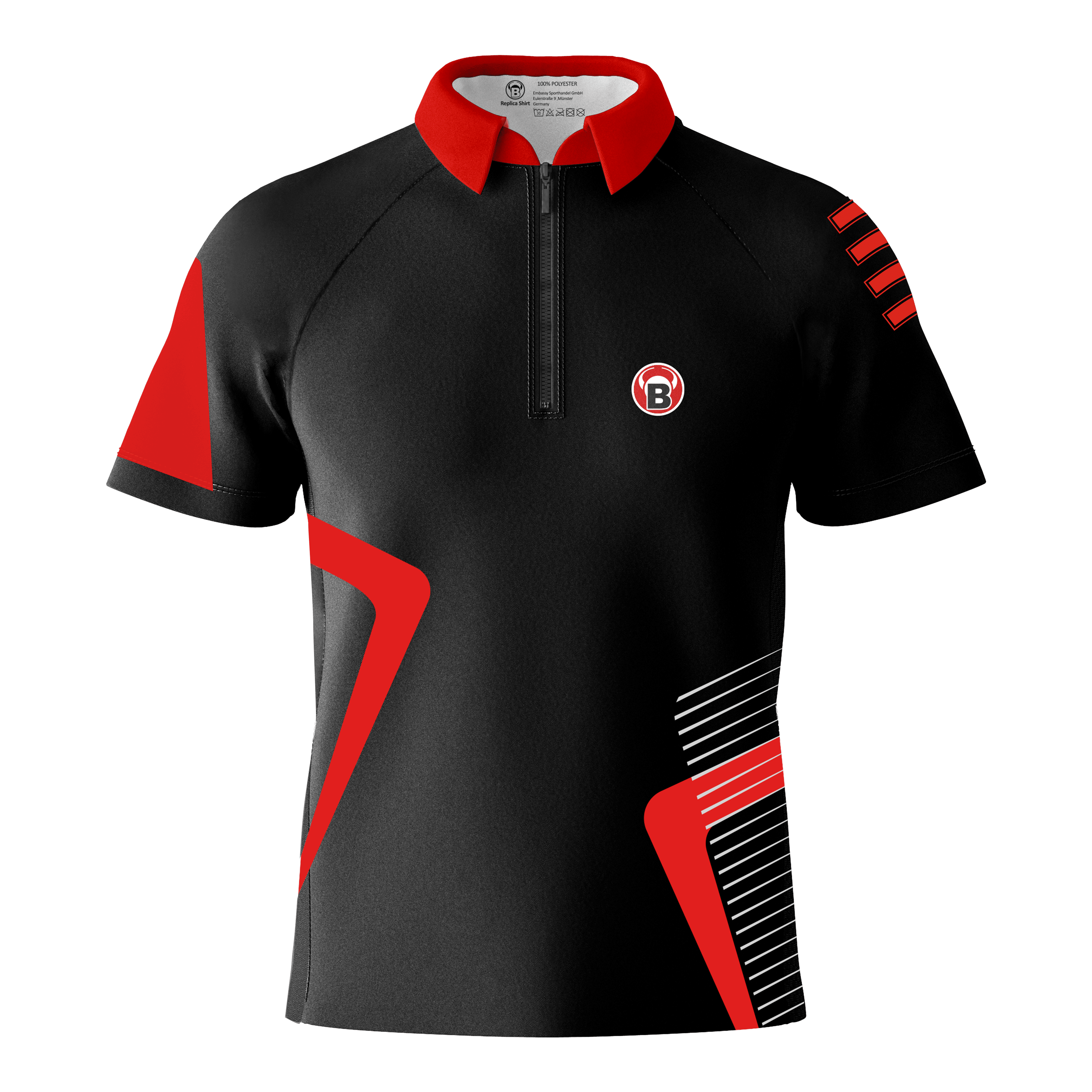 Bulls Team Dart Shirt - Red Das Bild zeigt ein schwarzes Dartshirt mit roten und weißen Akzenten. Auf der linken Brust befindet sich ein rundes Logo mit einem "B".