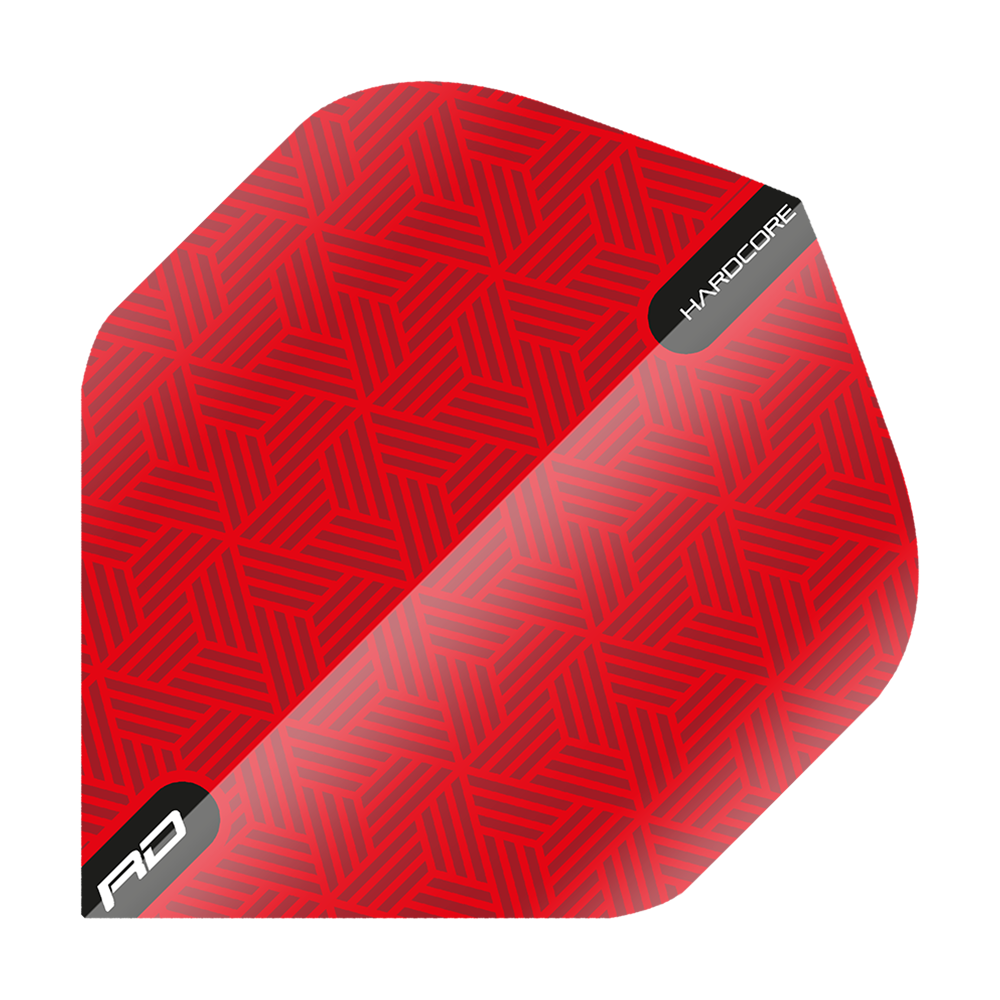 Das Bild zeigt ein rotes Dartflight mit einem geometrischen Muster. In der Ecke steht "HARDCORE" und unten ist das "RD" Logo zu sehen.