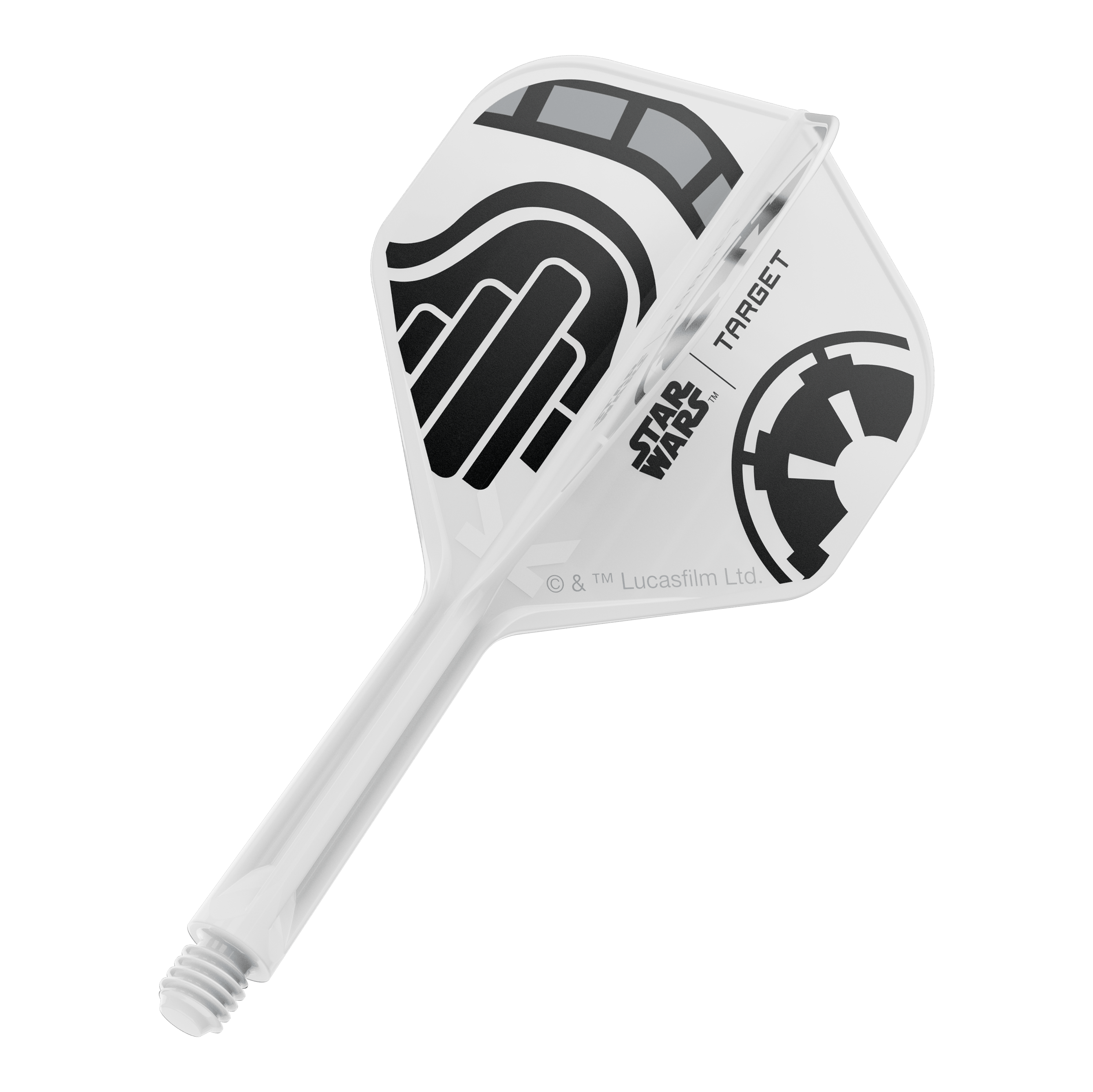 Target Star Wars K-Flex Stormtrooper No2 Standard Flights Das Bild zeigt einen einzelnen Dart-Flight aus der Star Wars KFlex Stormtrooper Serie. Der Flight ist in der Standardgröße und hat eine Länge von 26 mm.