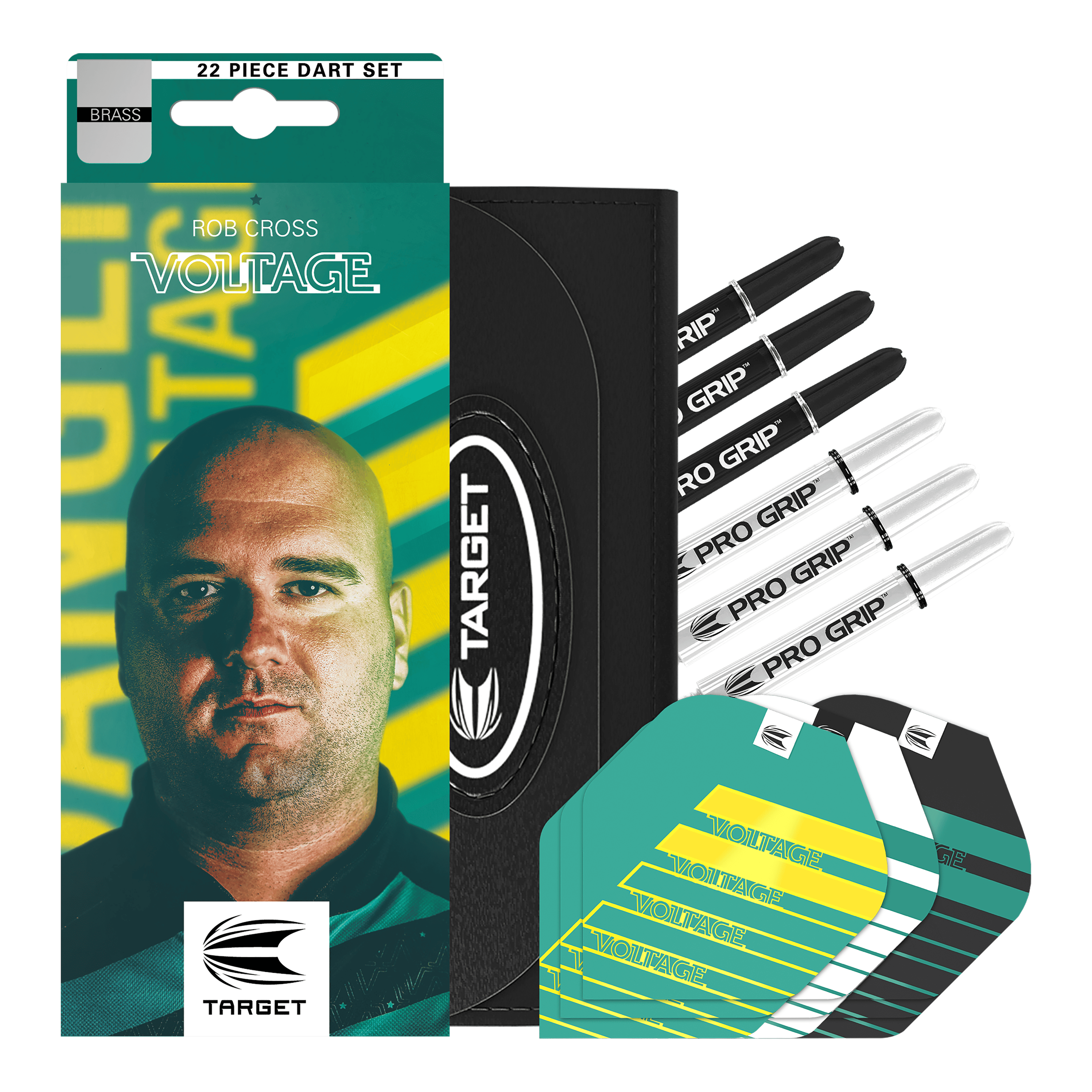 Target Rob Cross Brass Soft Darts - 18g Das Bild zeigt das Produkt „Target Rob Cross Brass Softdarts - 18g“ in einer auffälligen Verpackung mit dem Bild eines Mannes und dem Schriftzug „VOLTAGE“. Neben der Verpackung sind verschiedene Dartteile wie Shafts, Flights und ein Etui zu sehen.