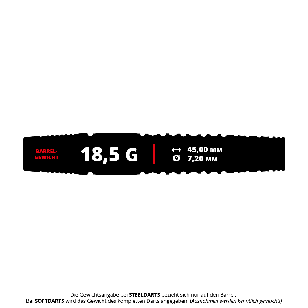 Target Japan Black Marque Warrior Soft Darts - 18.5g Das Produkt "Target Japan Black Marque Warrior Softdarts" wiegt 18,5 Gramm. Der Barrel ist 45,00 mm lang und hat einen Durchmesser von 7,20 mm.