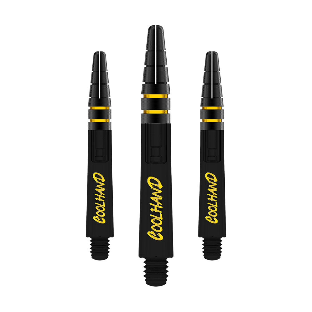 Red Dragon Nitrotech Luke Humphries Coolhand Shafts - Black Auf dem Bild sind drei schwarze Dartschäfte mit gelber Aufschrift "COOLHAND" zu sehen. Die Schäfte haben goldene Akzente und sind 36 mm lang.