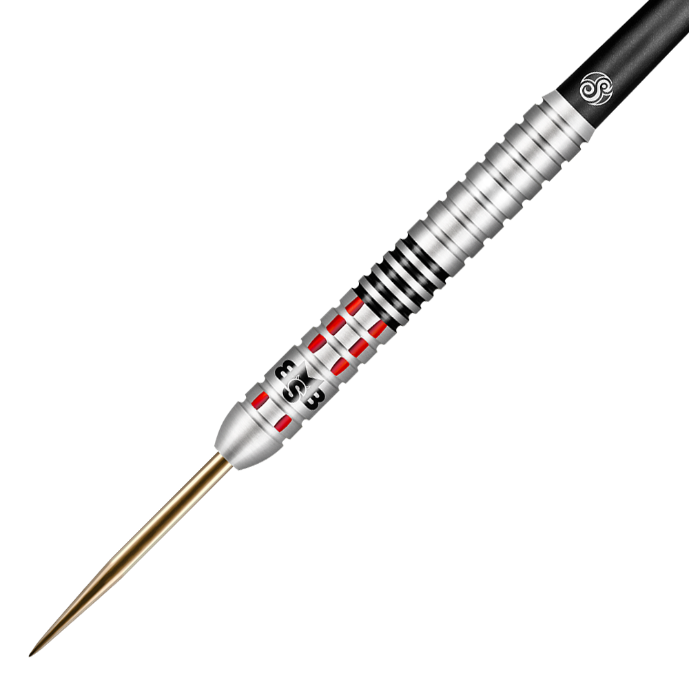 Shot Michael Smith Achieve Steel Darts Auf dem Bild ist ein Steeldart mit silbernem Barrel, roten Akzenten und schwarzem Griffbereich zu sehen. Es handelt sich um das Produkt "Shot Michael Smith Achieve Steeldarts".