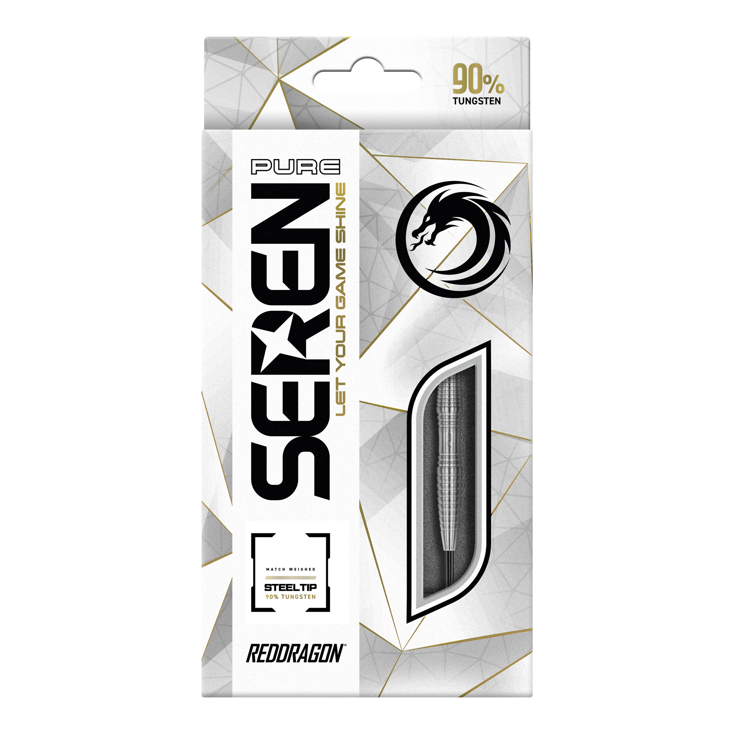 Red Dragon Seren 3 Pure Steeldarts Die Abbildung zeigt die Verpackung der "Red Dragon Seren 3 Pure Steeldarts". Auf der Verpackung steht, dass die Darts aus 90% Tungsten bestehen.