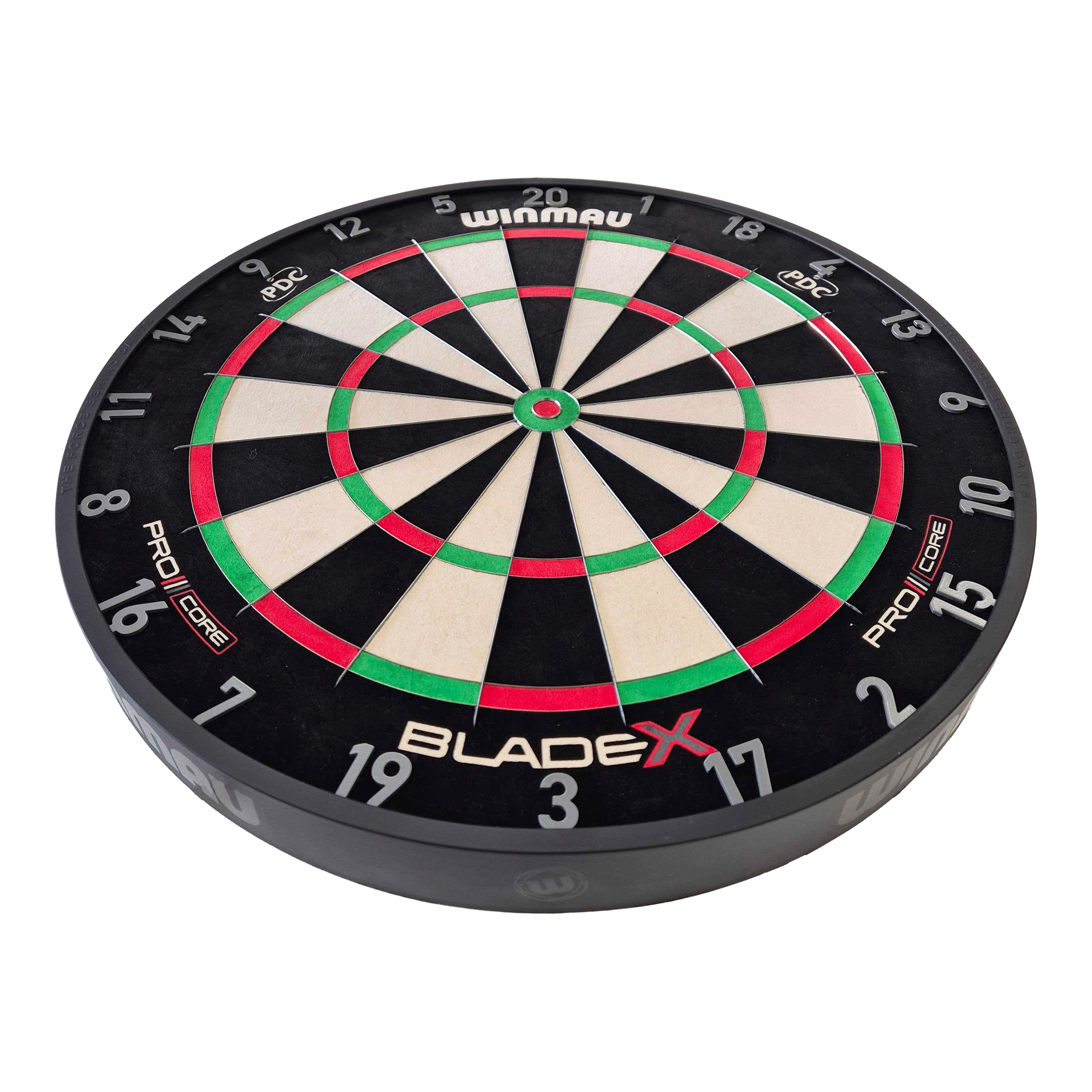 Abgebildet ist das Produkt Winmau Blade X ProCore Steeldartboard. Es handelt sich um eine professionelle Steeldart-Scheibe.