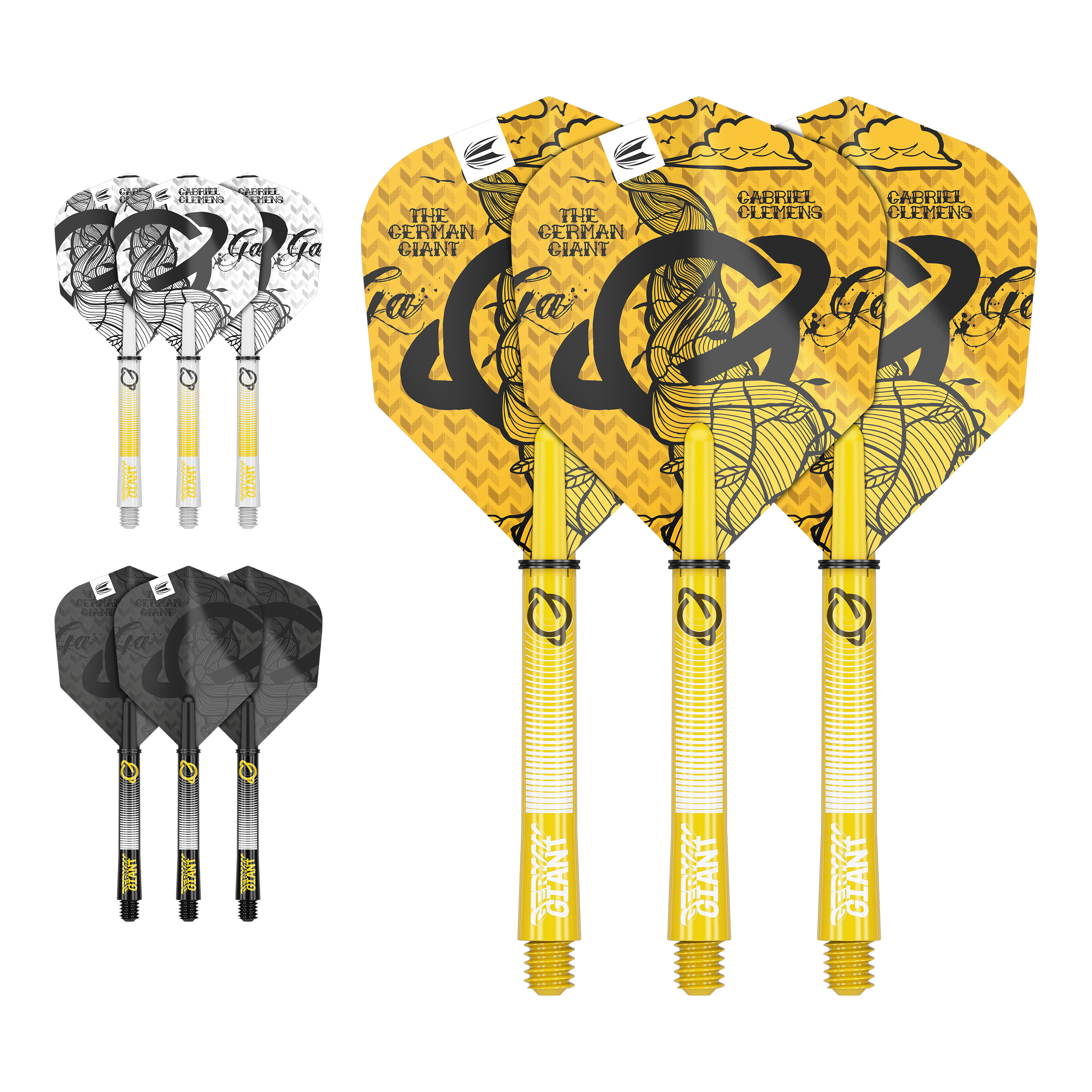 Target Ink Flight Shaft Kit Gabriel Clemens Das Bild zeigt drei Sätze Dartflights und -schäfte in verschiedenen Farben und Designs. In der Mitte befindet sich ein gelbes Set mit der Aufschrift "The German Giant" und "Gabriel Clemens".