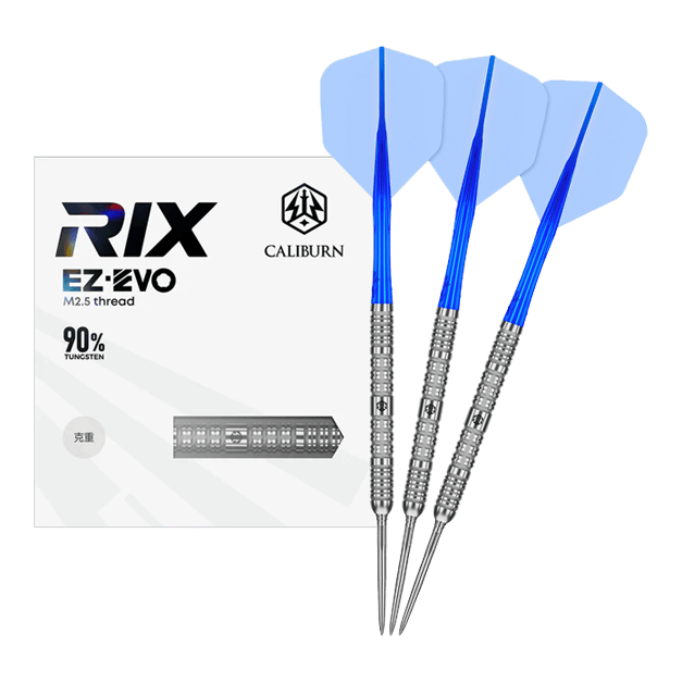 Caliburn Rix EZ-EVO R1 steel darts Das Bild zeigt das vollständige Set der Caliburn Rix EZ-EVO R1 Steeldarts. Es handelt sich um professionelle Steeldarts für ambitionierte Spieler.