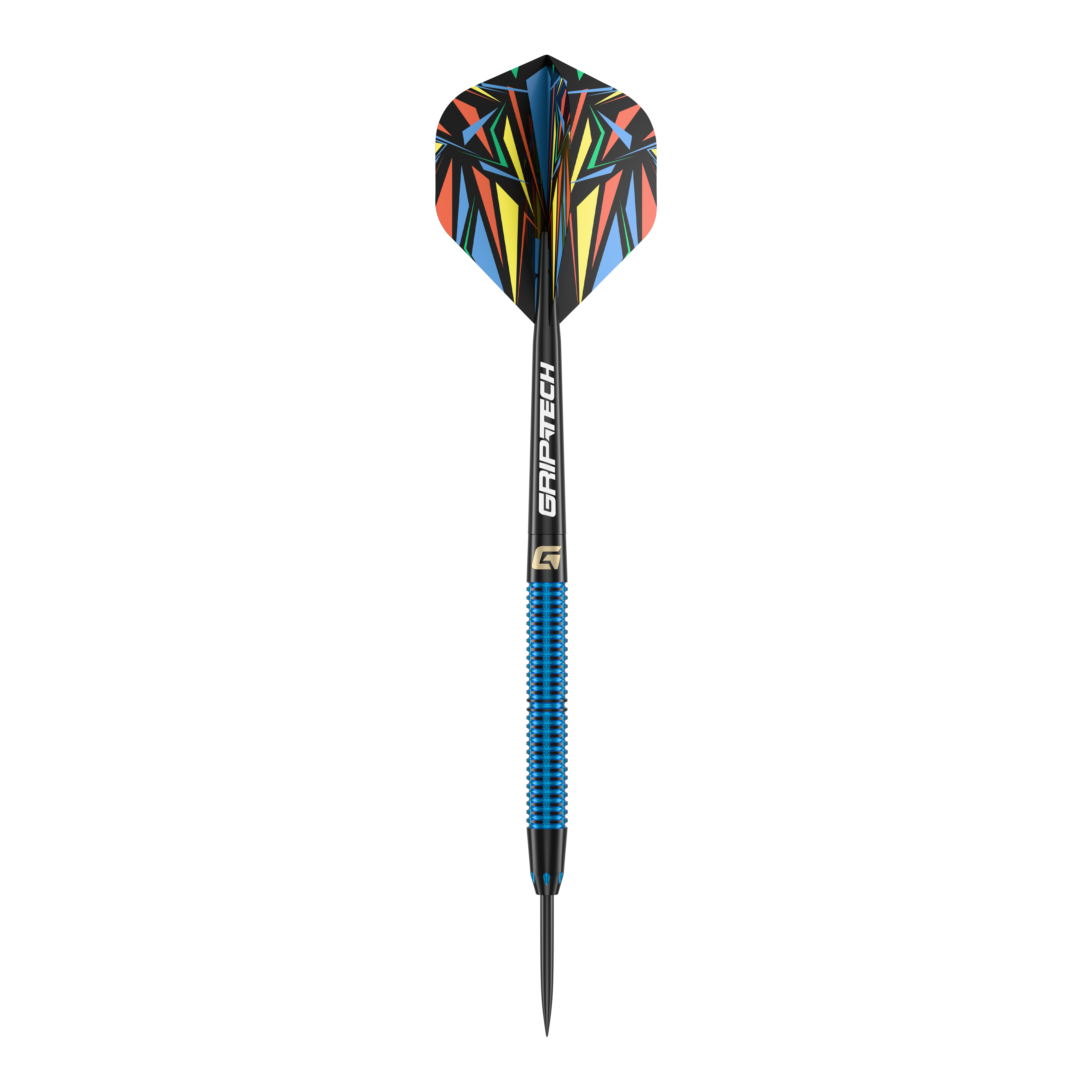 GOAT Athlete Blue Brass Steeldarts - 12g Das Bild zeigt einen Steeldart mit blauem Griff und der Aufschrift "GRIP-TECH". Die Flights haben ein buntes, geometrisches Muster.
