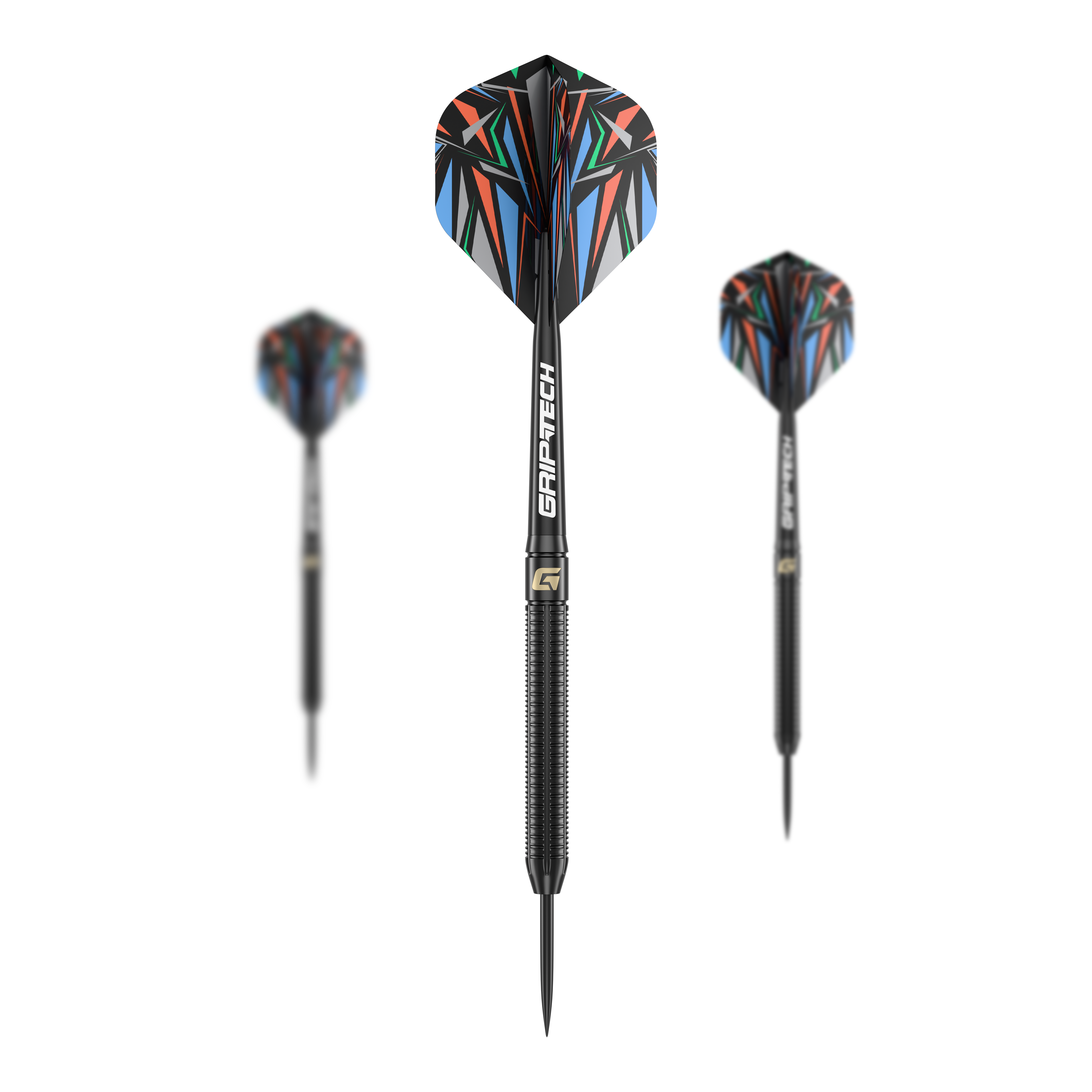 GOAT Athlete Black Brass Steeldarts - 13g Das Bild zeigt drei schwarze Steeldarts mit farbenfrohen Flights und der Aufschrift "GRIP-TECH". Es handelt sich um das Produkt "GOAT Athlete Black Brass Steeldarts - 13g".