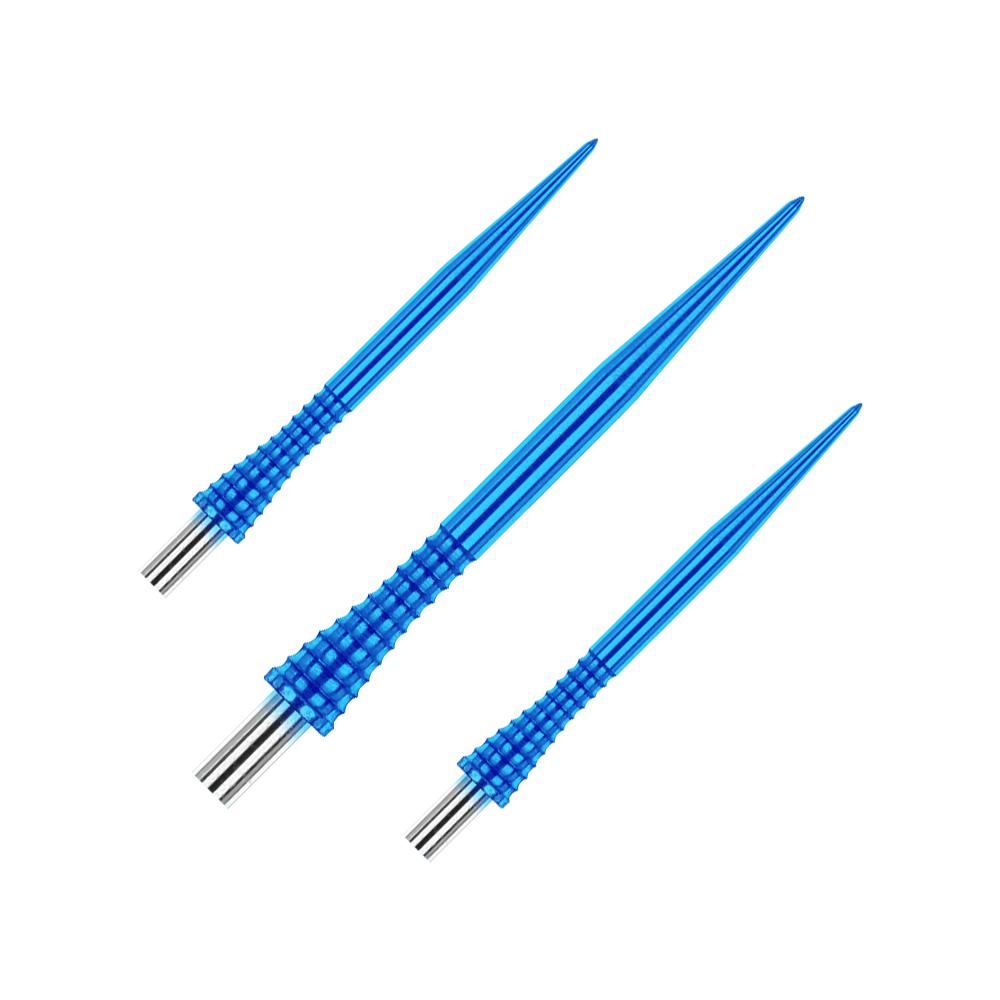 Red Dragon Raptor Gripped Blue steel dart tips 30mm Das Bild zeigt drei blaue Steeldartspitzen des Produkts "Red Dragon Raptor Gripped" mit einer Länge von 30 mm. Die Spitzen haben ein geriffeltes Griffdesign und silberne Enden.
