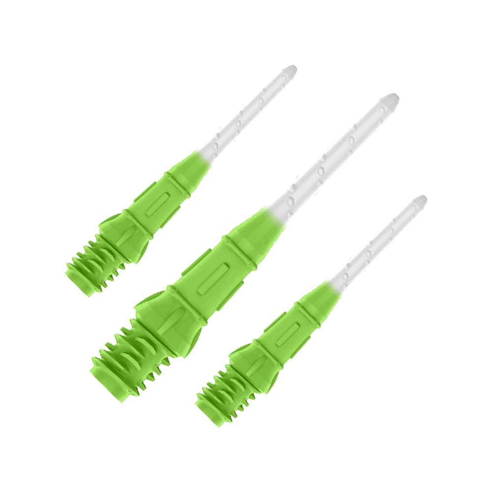 L-Style Premium Two Tone Lippoints (Pack of 30) Das Bild zeigt drei grün-weiße Spitzen für Softdartpfeile. Die Spitzen haben eine geriffelte Struktur im unteren Bereich und verlaufen nach oben hin transparent.