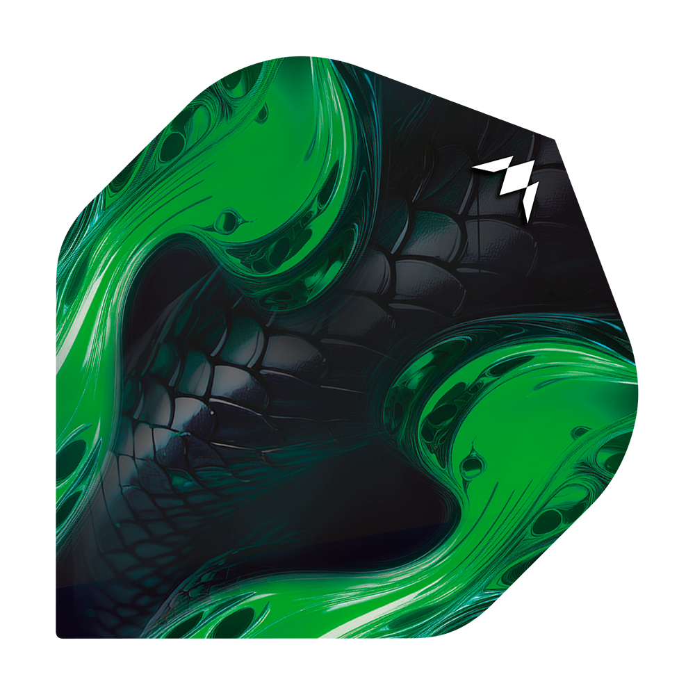 Mission Solo Venom No2 Standard Flights Das Bild zeigt ein Dartflight mit schwarzem, schuppigem Muster und leuchtend grünen Akzenten. In der oberen rechten Ecke befindet sich ein weißes Logo.