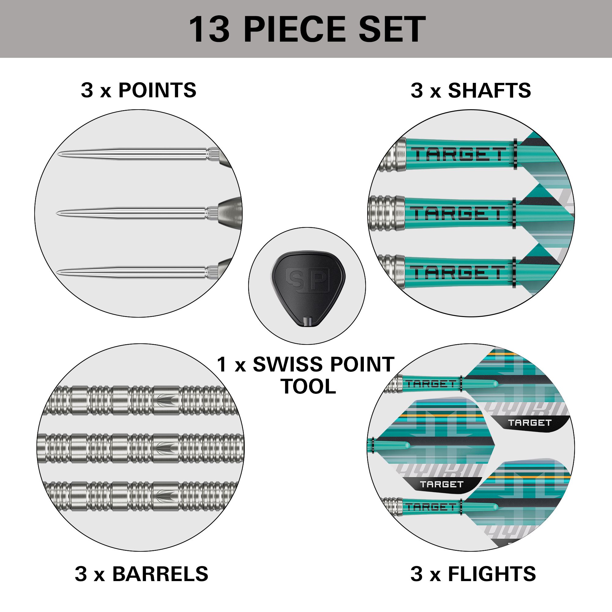 Das Bild zeigt eine Ausführung der Target Hydro 02 Swiss Point Steeldarts. Die Darts sind schlank und für professionelles Spielen geeignet.