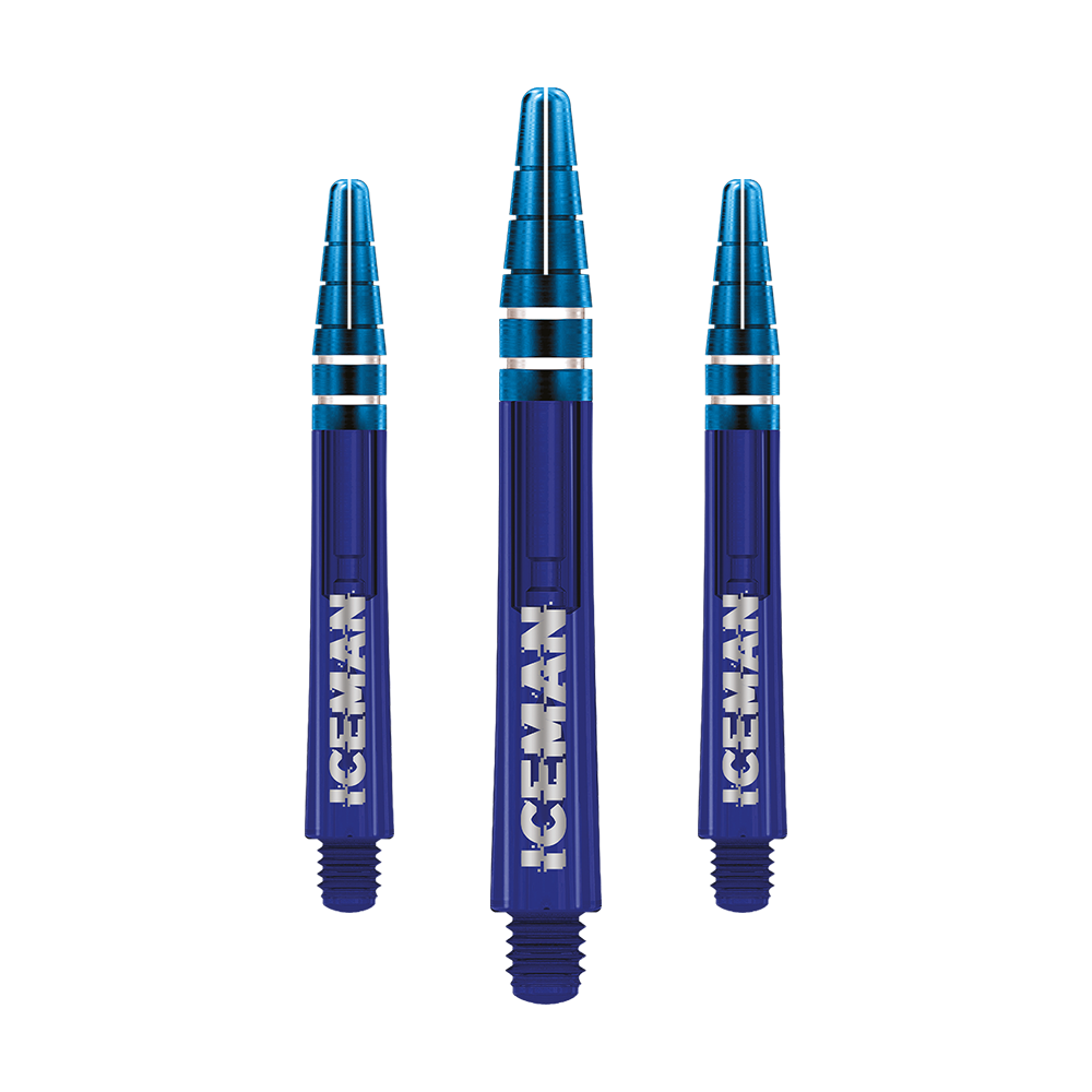 Das Bild zeigt drei blaue Darts-Schäfte mit silbernen Akzenten. Auf jedem Schaft steht das Wort "ICEMAN" in weißen Buchstaben.