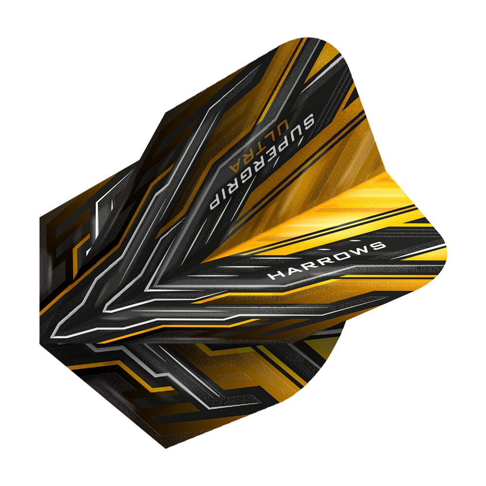 HR12_Harrows_Supergrip_Ultra_Sunset_Gold_Standard_Flights_2 Das Bild zeigt ein Harrows Supergrip Ultra Sunset Gold Standard Flight für Darts. Das Flight ist in Schwarz, Gold und Silber gestaltet und trägt die Aufschriften "SUPERGRIP ULTRA" und "HARROWS".