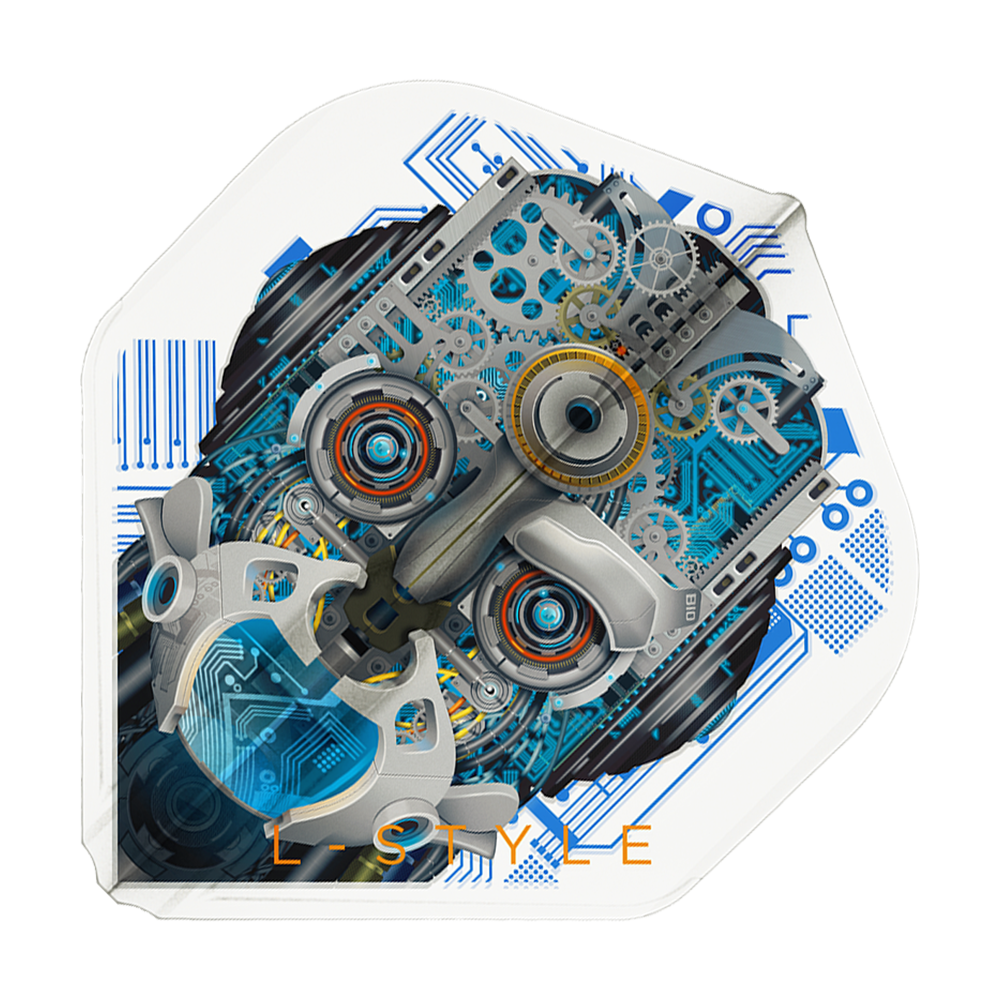 L-Style Berry Van Peer V3 Clear White L1EZ Flights Das Bild zeigt ein Dartflight mit einem detaillierten, mechanischen Roboterkopf auf weißem Hintergrund. Unten ist der Schriftzug "L-STYLE" in orange zu sehen.