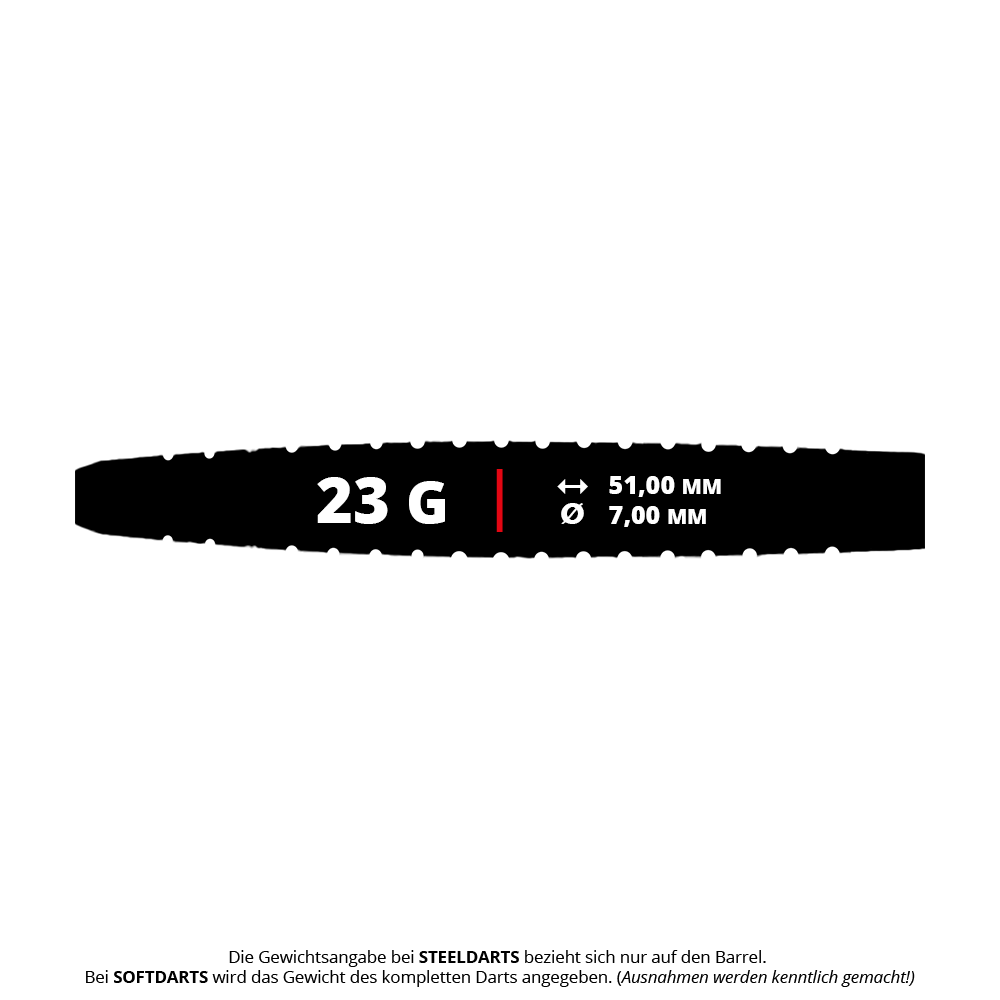 Das Bild zeigt einen Dart-Barrel mit den Angaben 23 Gramm Gewicht, 51,00 mm Länge und 7,00 mm Durchmesser. Unten steht eine Information, dass sich das Gewicht bei Steeldarts nur auf den Barrel bezieht.