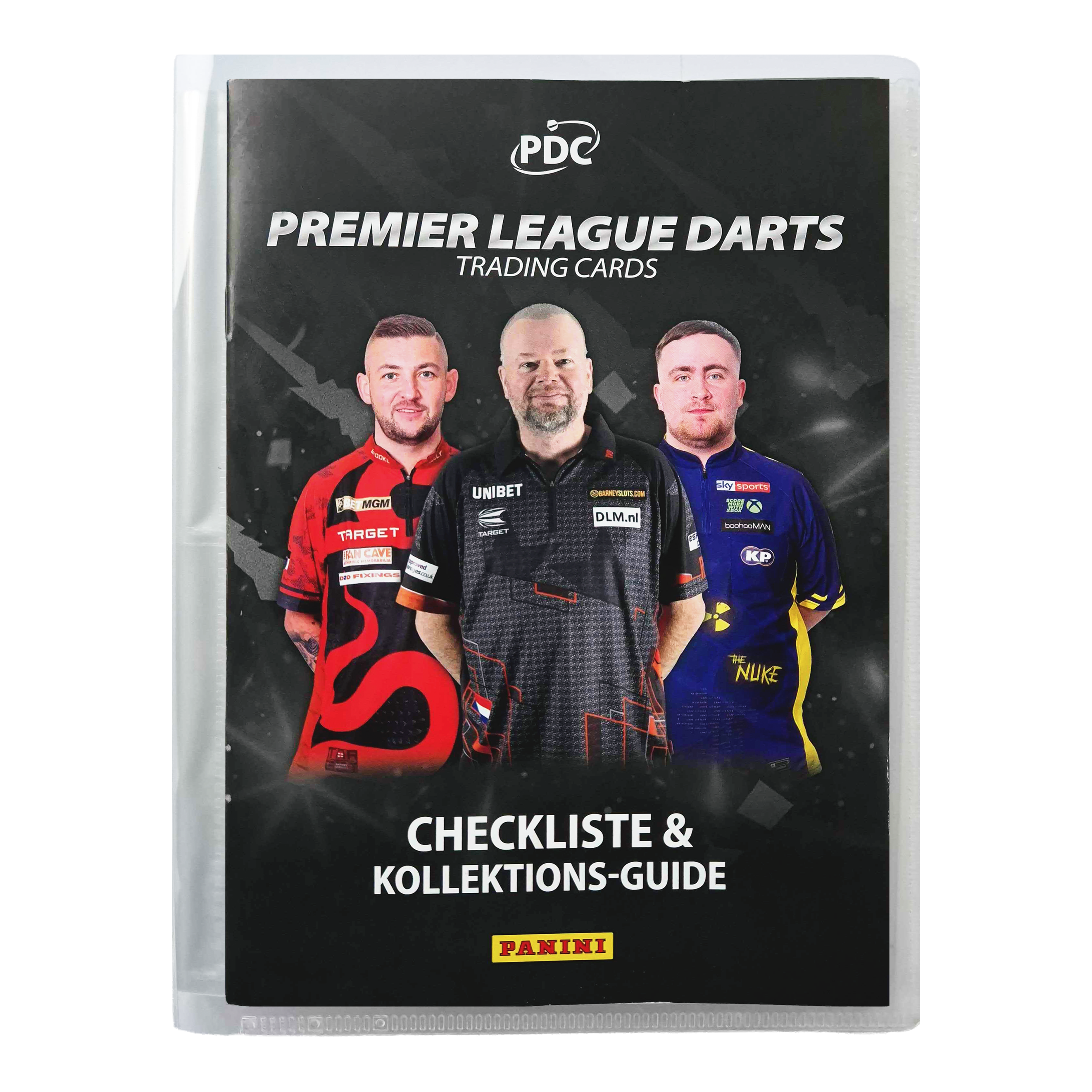 Panini Premier League Darts 2025 Collector's Binder Der Panini Premier League Darts 2025 Sammelordner ist auf dem Bild zu sehen. Der Ordner wird für das Sammeln und Aufbewahren von Darts-Stickern verwendet.